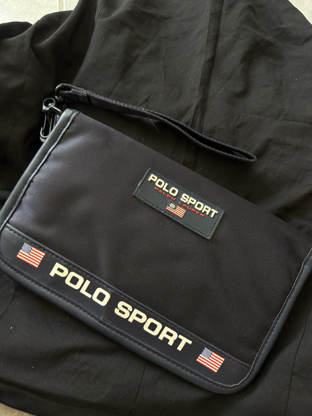 Polo Sport Ralph Lauren Dark Blue Zip Wristlet Pouch w/ Wrist Strap Logo Gold