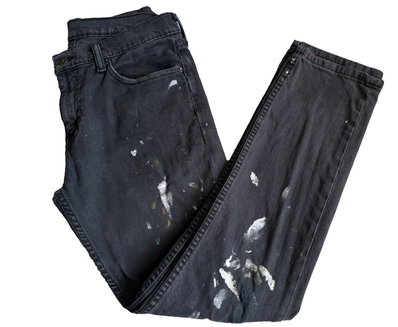Levi’s 511 Men 30×30 Jeans Black Distressed Paint Splatter Stains Artful Denim