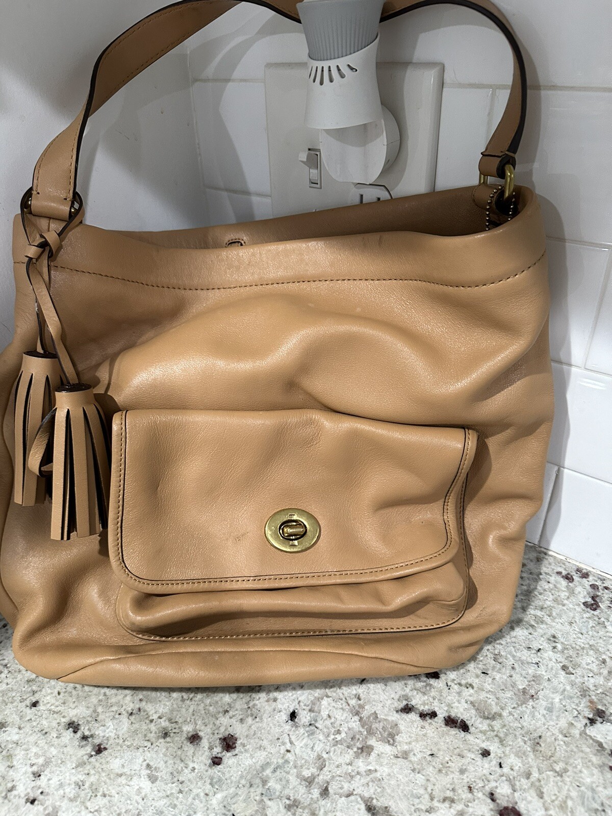 Vintage Coach Tan Brown Leather HandBag Tote, F1269-21193, 15×13.5in