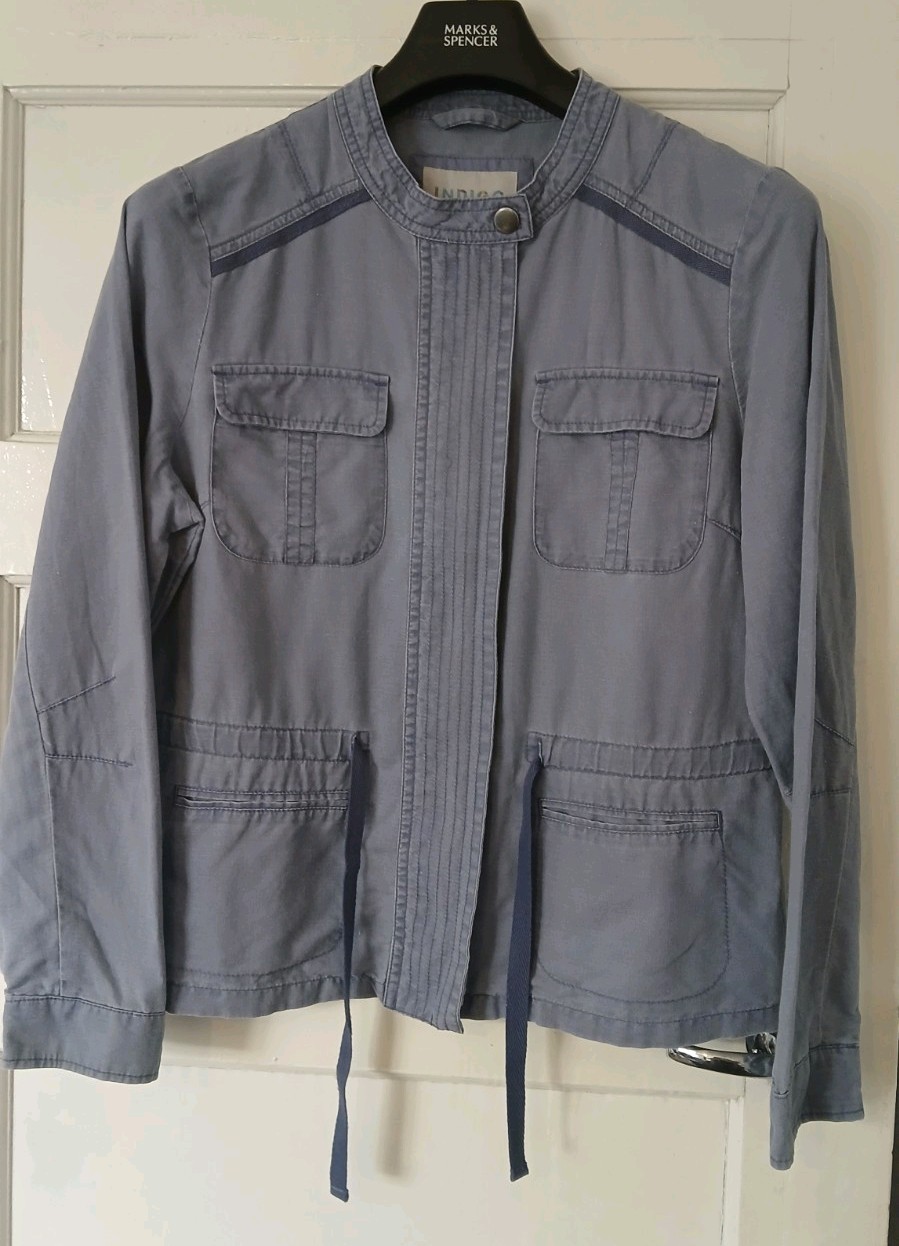 M&S Linen & Cotton Lagenlook Minimalist Utility Blue Jacket Sz 14 VGC
