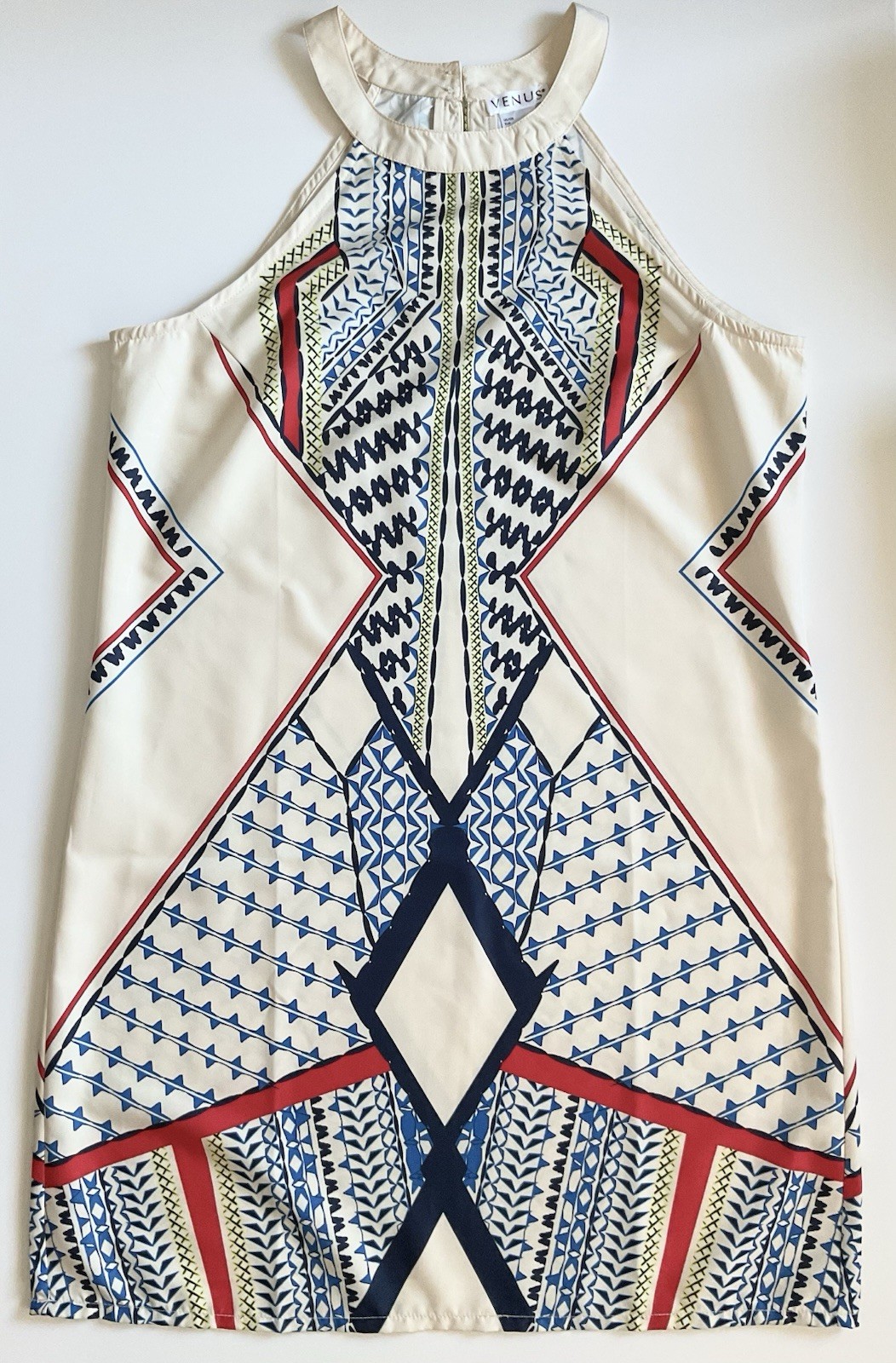 NWOT VENUS Women’s Geometric Cream and Blue Halter High Neck Size Small