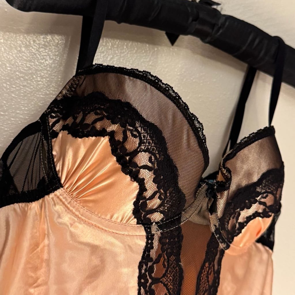 California Dynasty Pink Satin and Black Lace Cupped Babydoll Lingerie