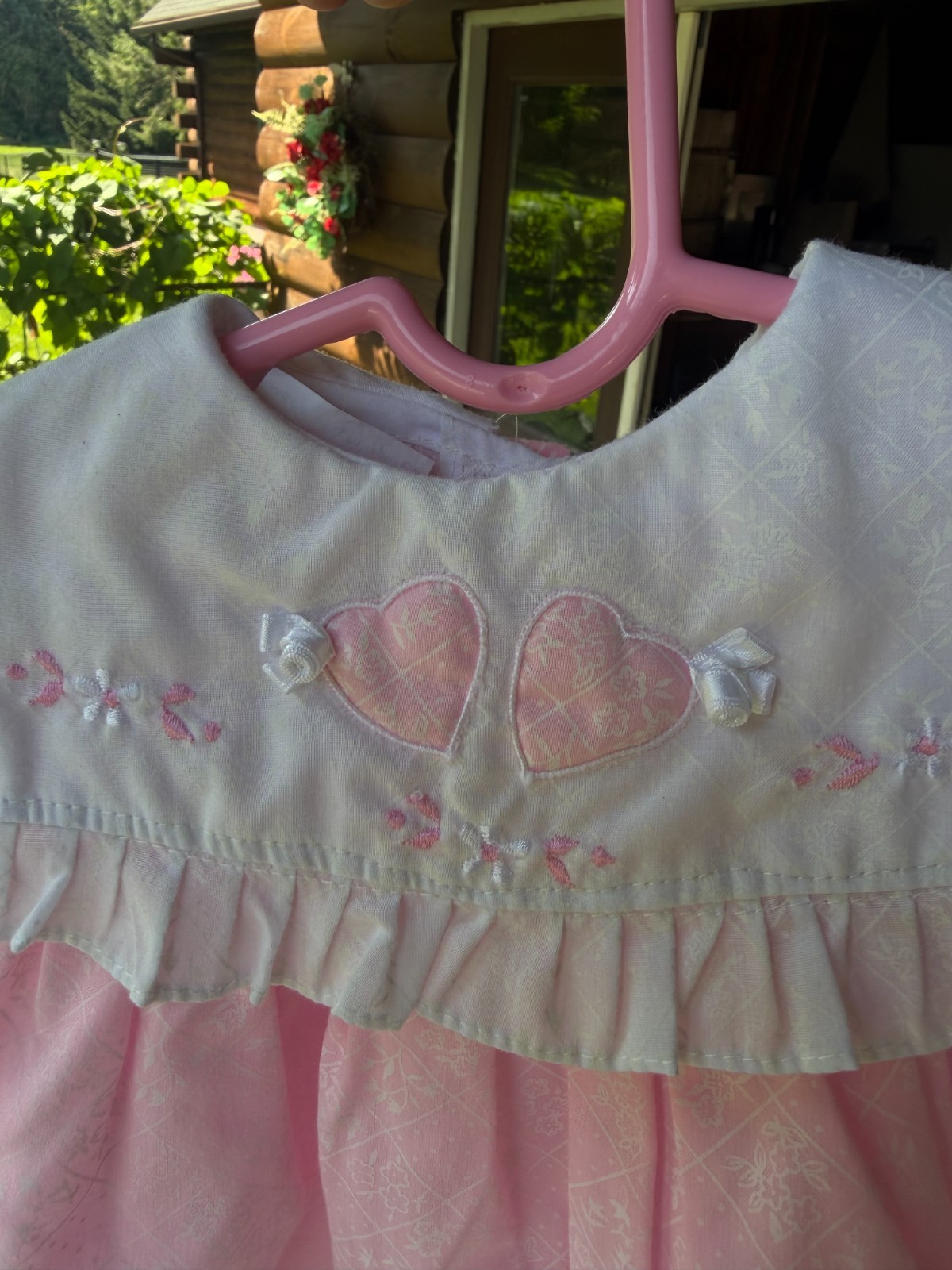 Vintage 2pc Pink White Embroidered Hearts MAYFAIR Girls Dress 6-9mo Lace ruffle