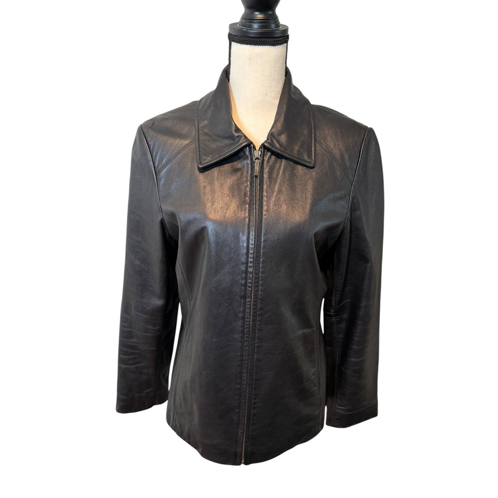 Vintage Worthington Black Lambskin Leather Zip Up Jacket Medium 90s Y2K Minimal