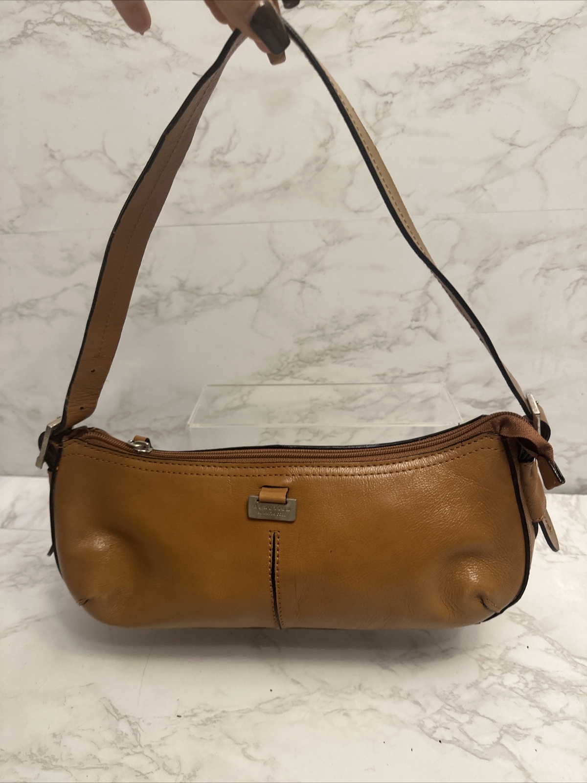 Kenneth Cole Reaction Brown PVC Corpotate Shoulder Bag Trim Baguette 5x11x3.5”
