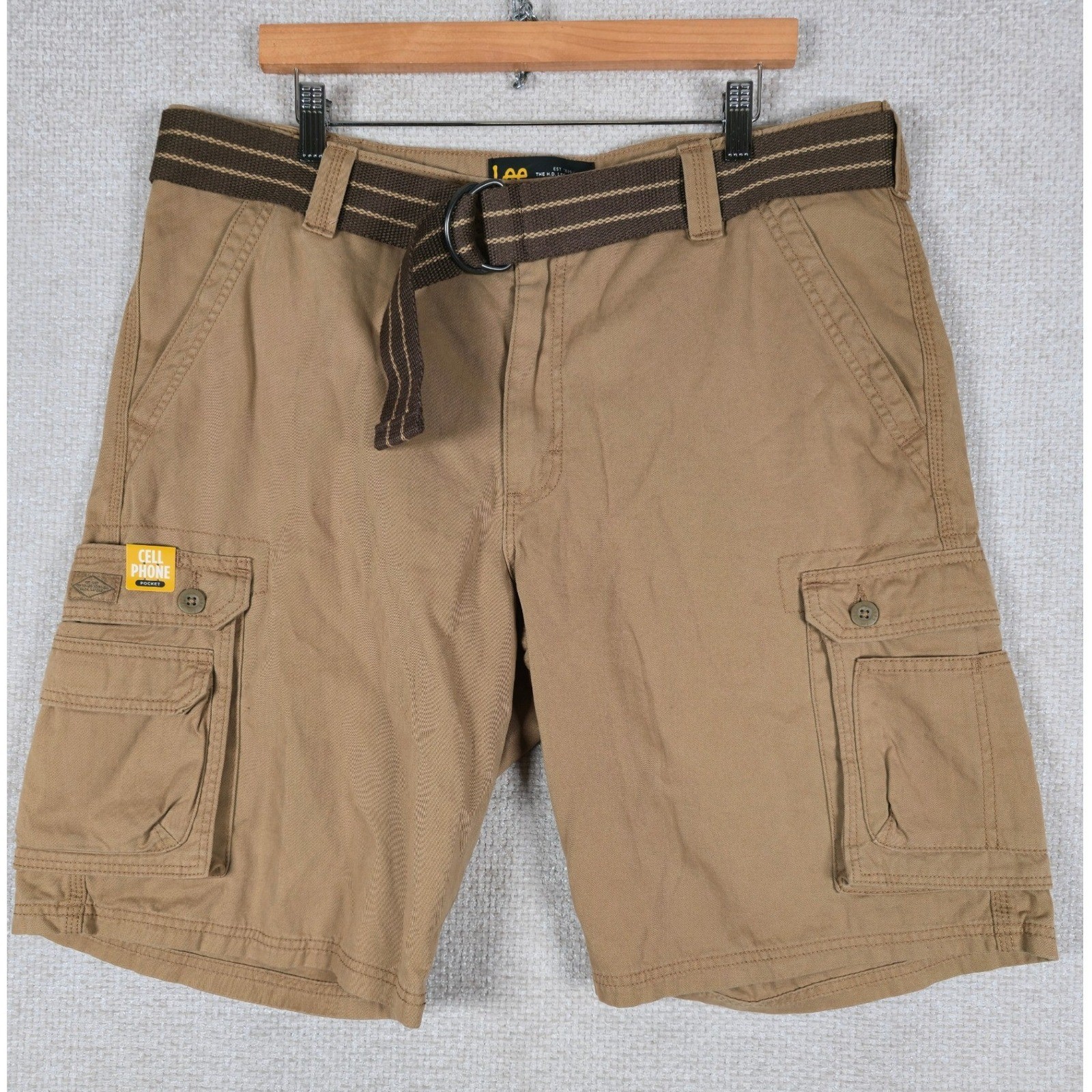 Lee Mens Cargo Shorts 38 Khaki Tan Cotton With Belt Cell Phone Pocket