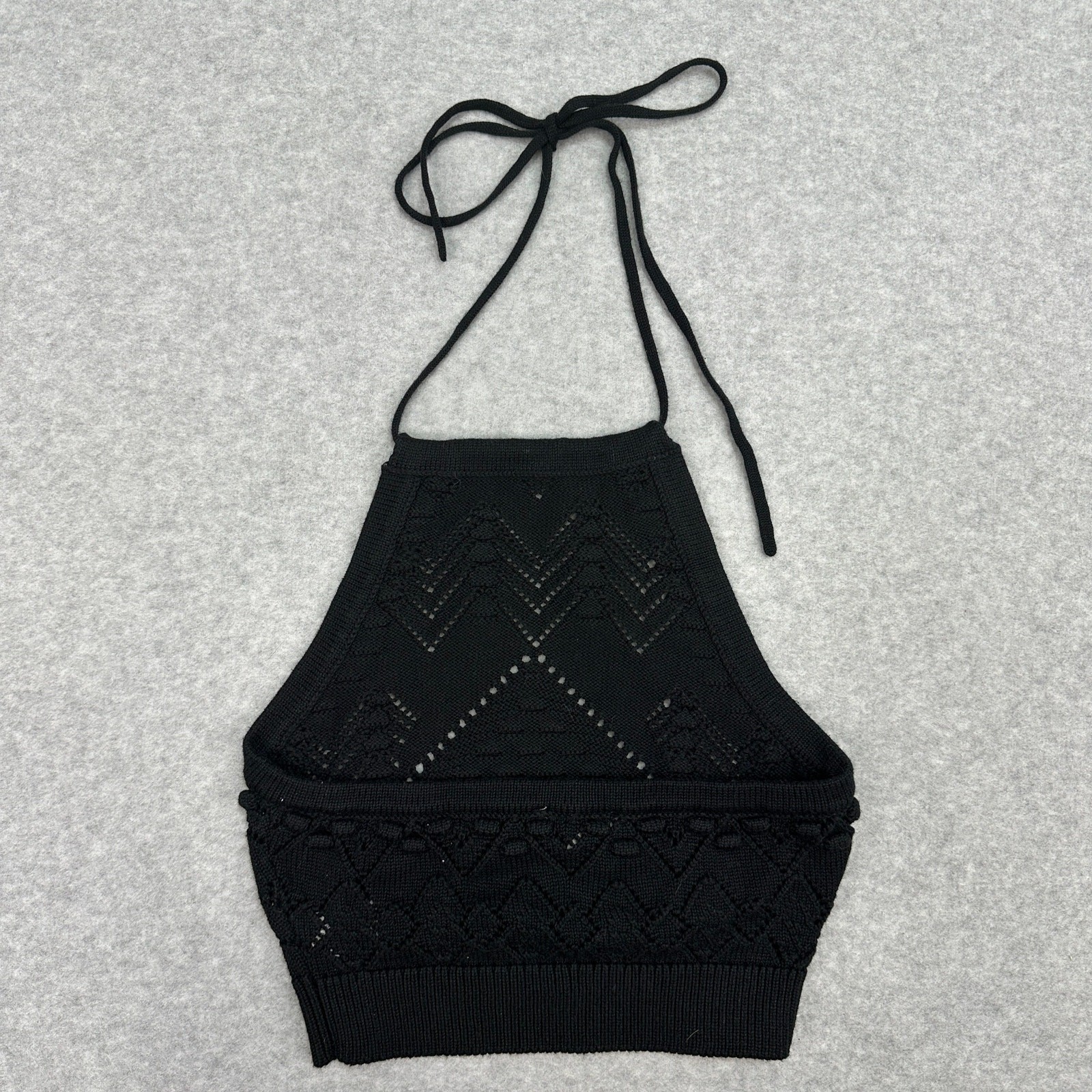 Hunter & Brown Halter Crop Top S Black Crochet Knit Backless Adjustable Tie-Back