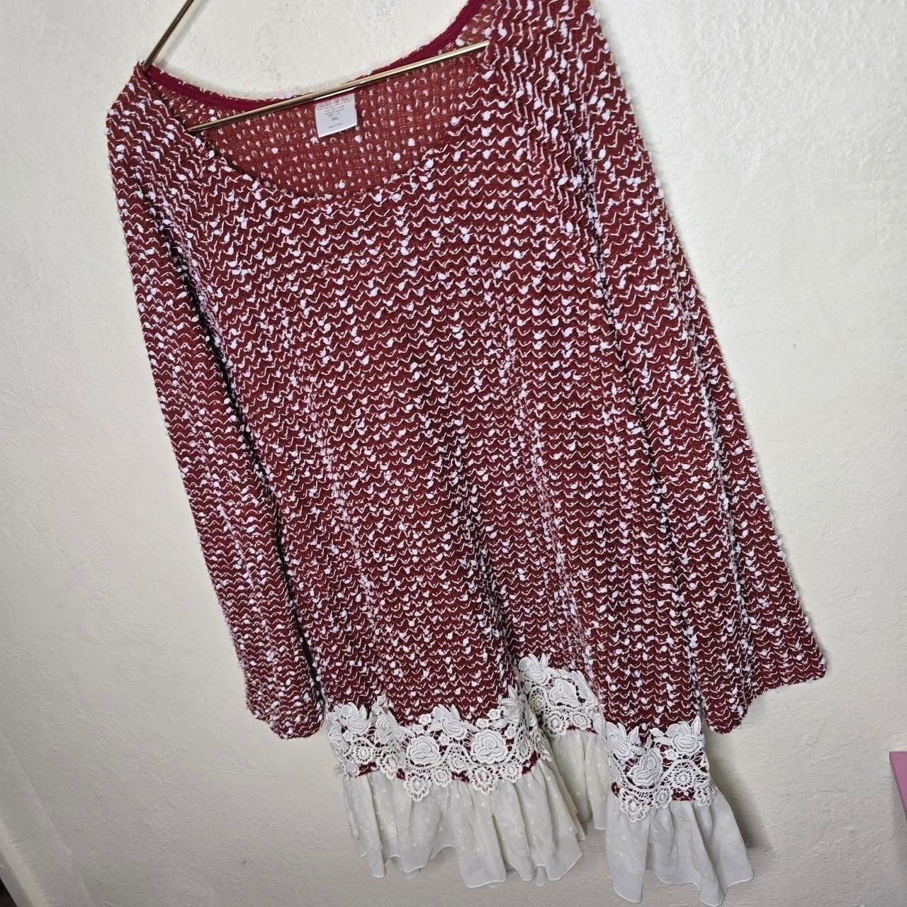 Burgundy Popcorn Knit Lace Ruffle Tunic Dress