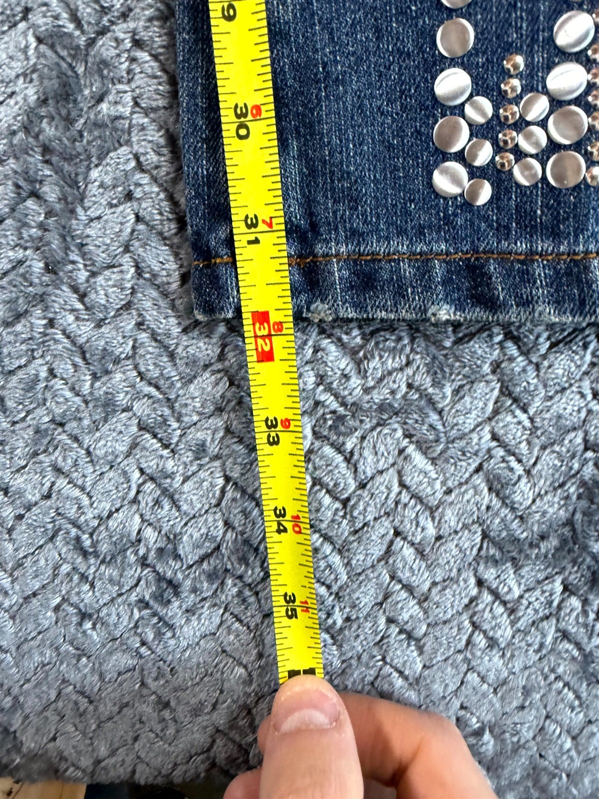 Vintage Hint Flare Jeans Womens 1 Blue Denim Cotton Studded Distressed Mid Rise