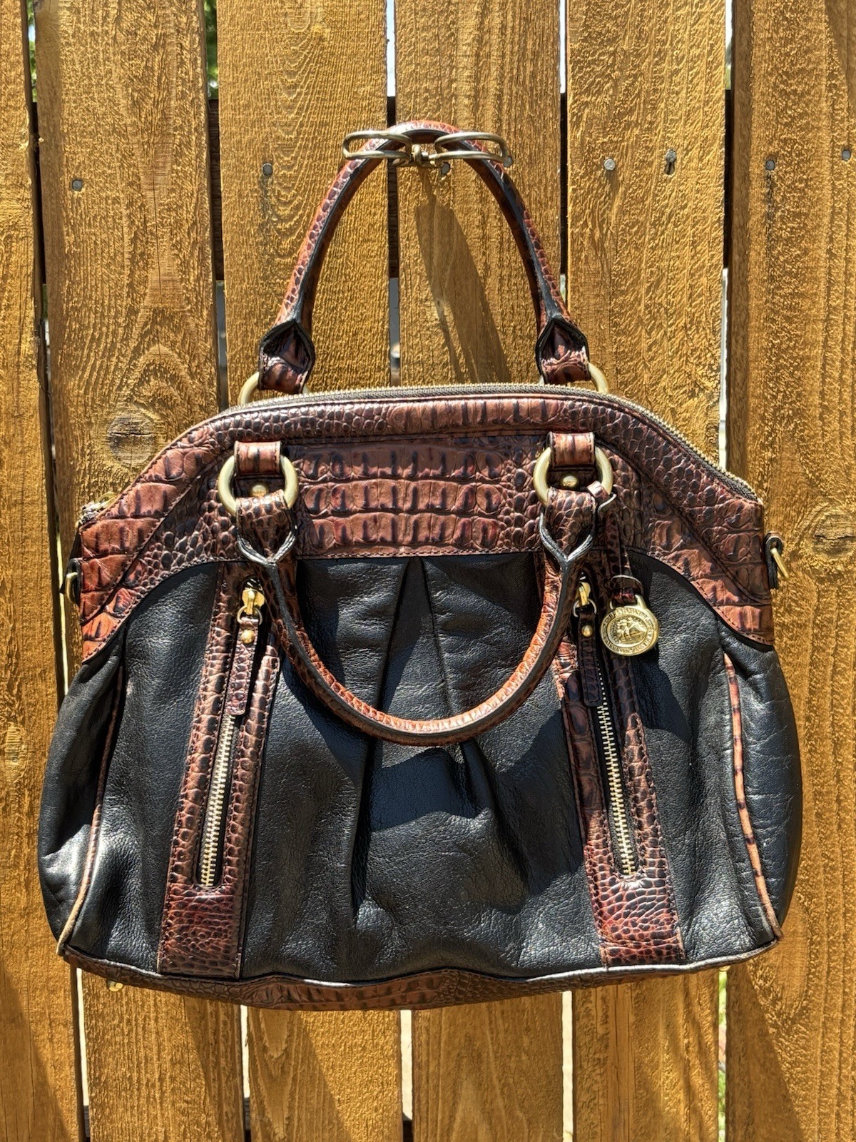 Brahmin Brown/Black Croc-Embossed Satchel Top Handle Zip, Gold Hardware