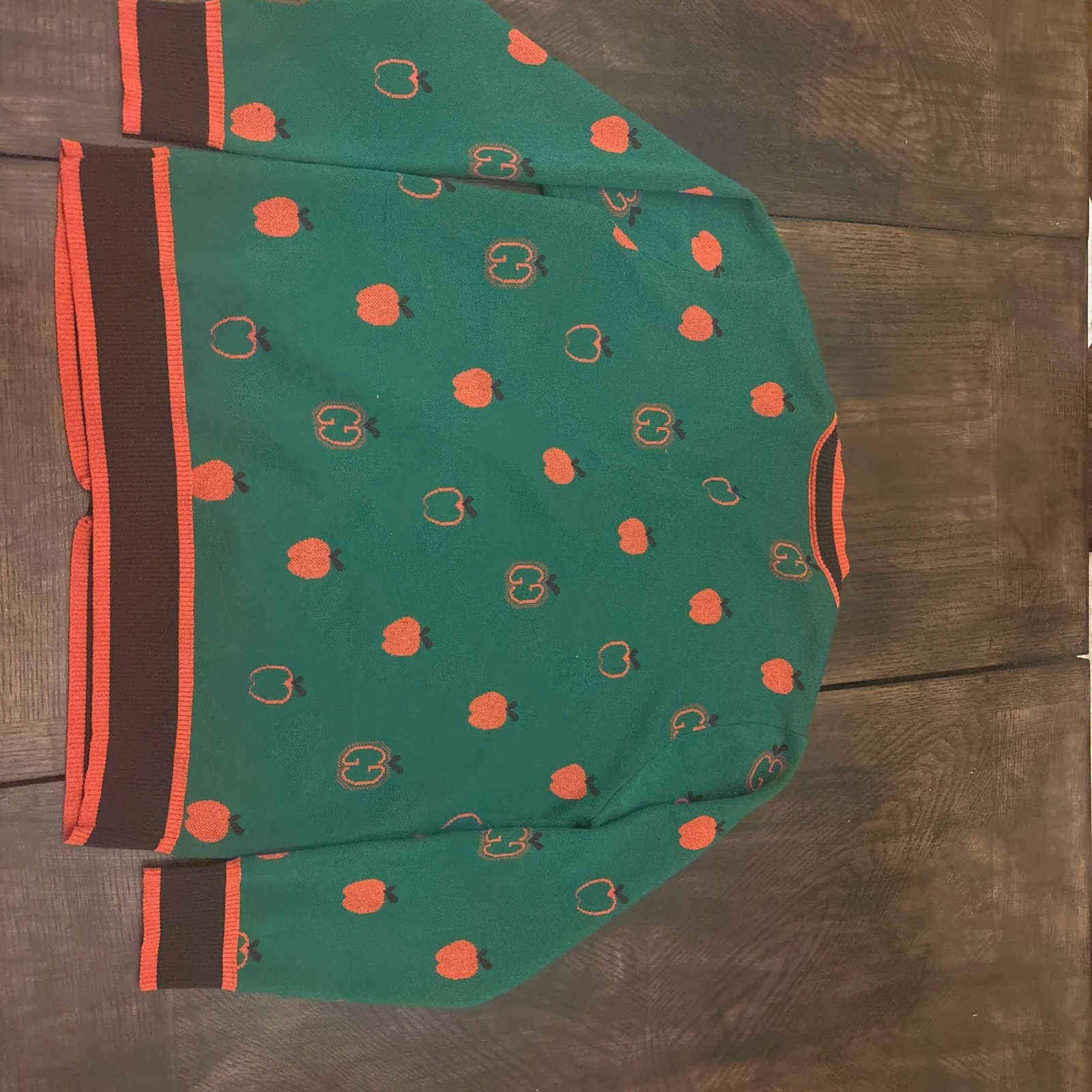 Womens Long Sleeve Teacher Sweater Green Brown Orange Apple Pattern Size Large
