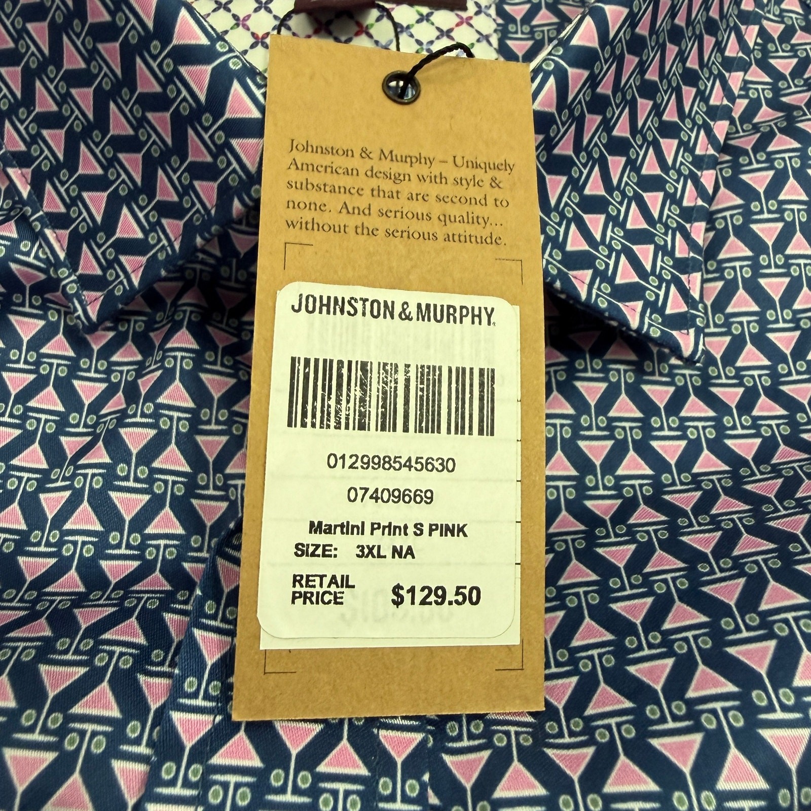 Johnston & Murphy Martini Print Button Up Shirt Mens 3XL Blue Pink Flip Cuff NEW