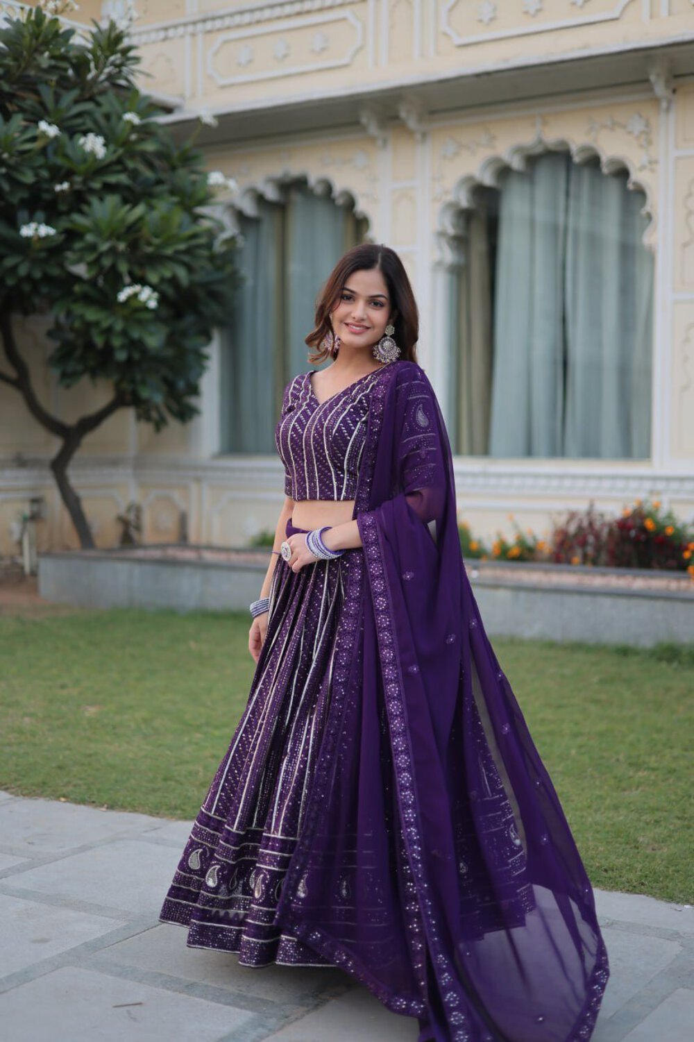 Purple Designer Dyeable Pure Viscose Jacquard fabric Lehenga Choli & Dupatta Set
