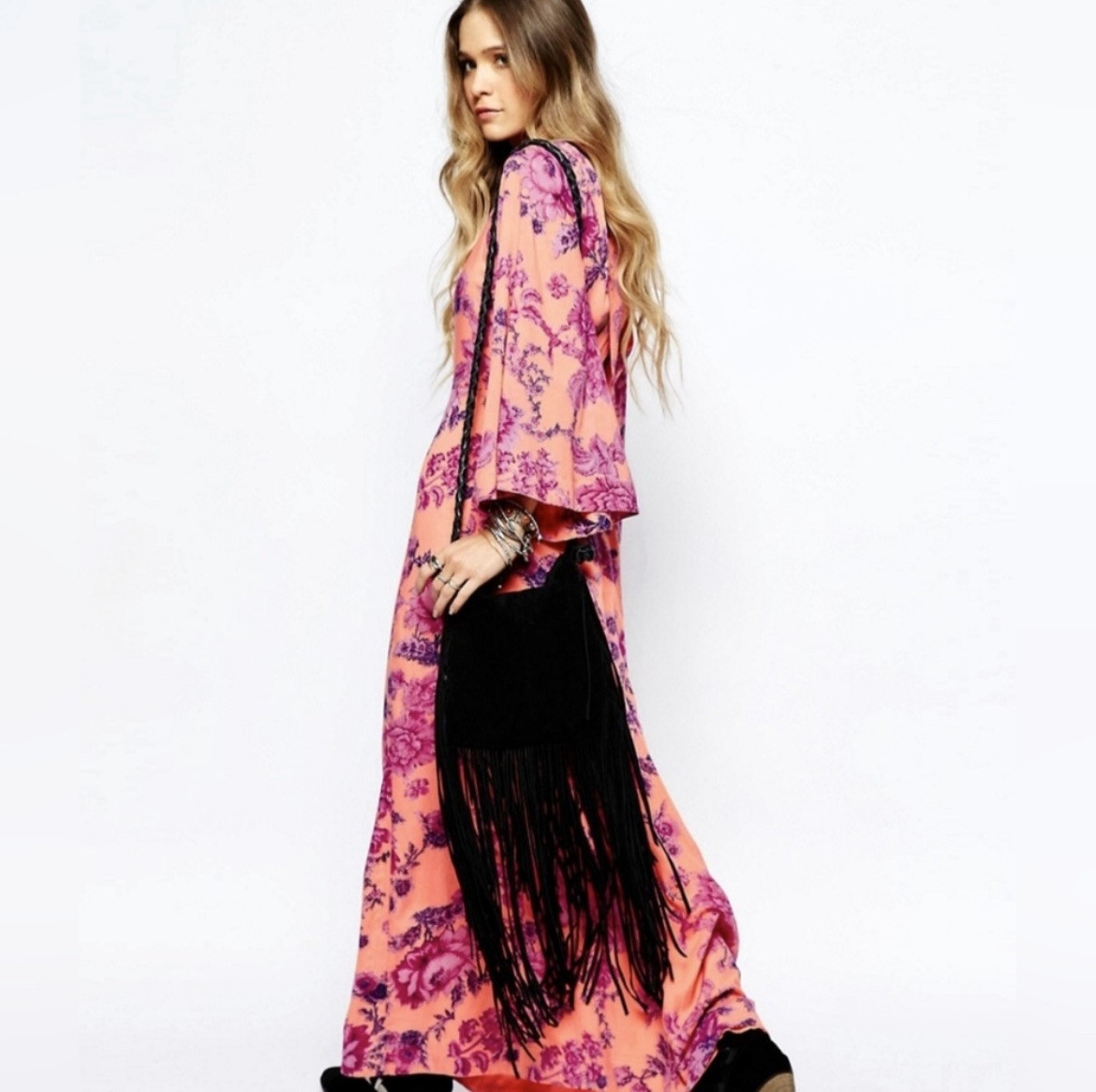 FREE PEOPLE Melrose Floral Open Back Maxi Dress Bell Sleeve Gown Pink 2