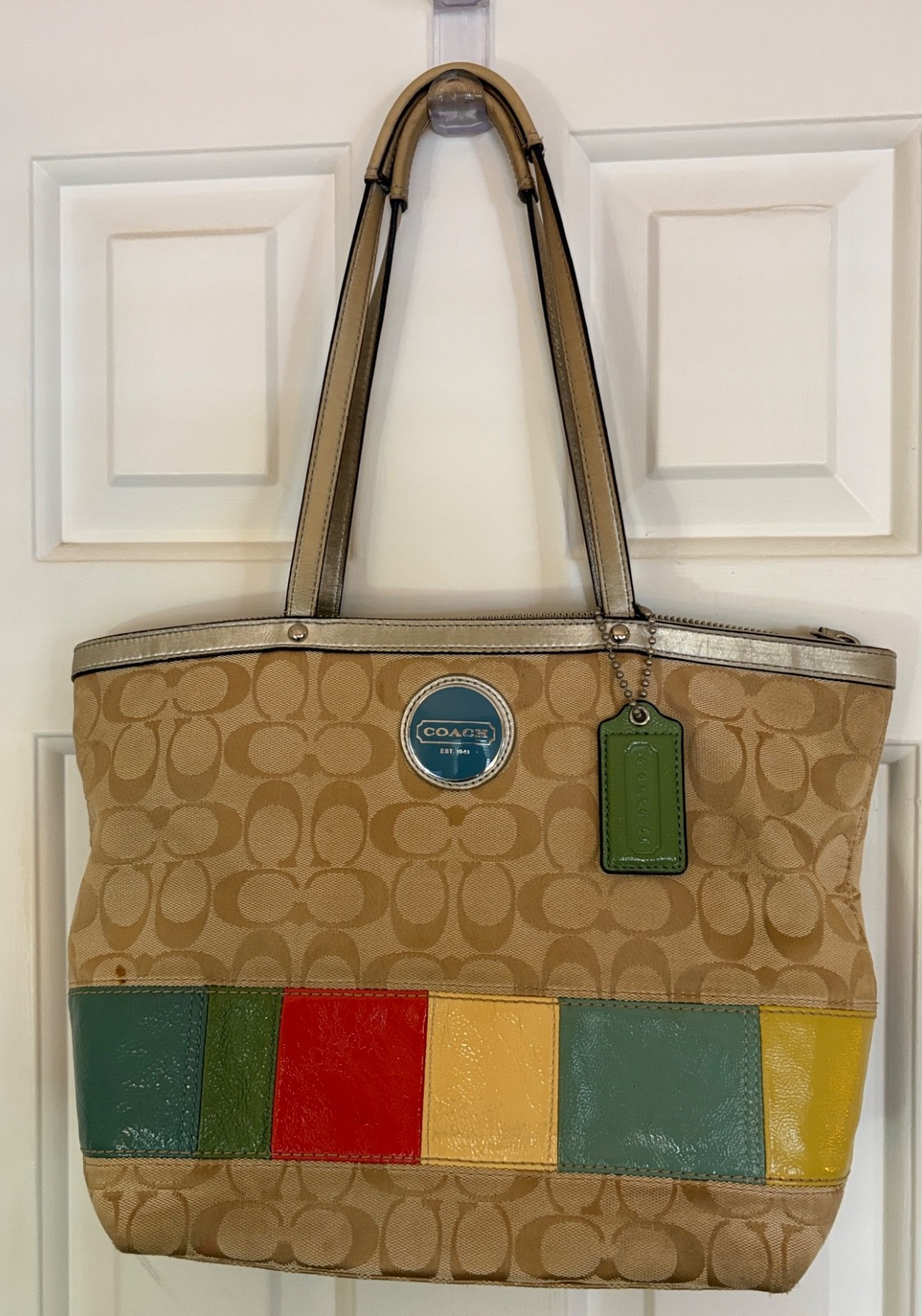 Vintage Coach Signature Women’s Khaki Tan with Multicolor Panels Handbag Purse