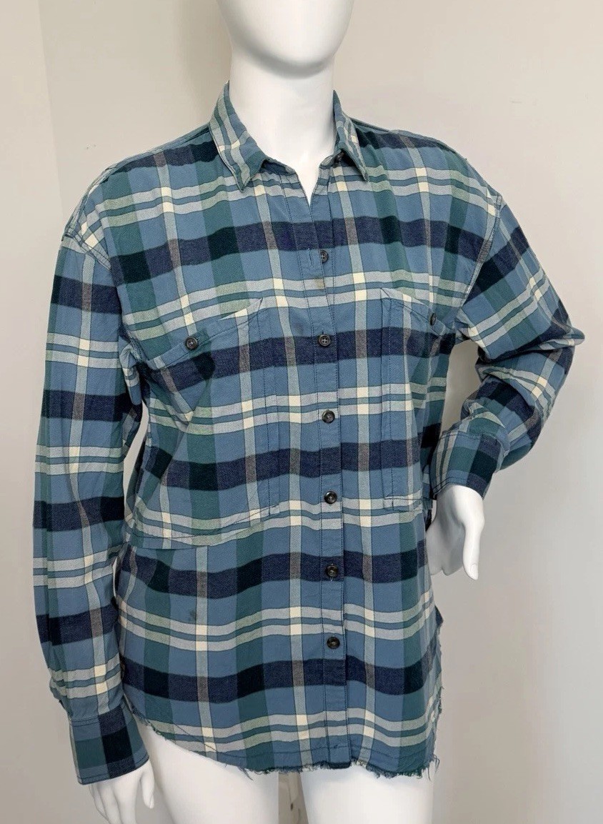 Free People Women’s Plaid Button Up Shirt L Blue Green Raw Hem Boho Rayon Cotton