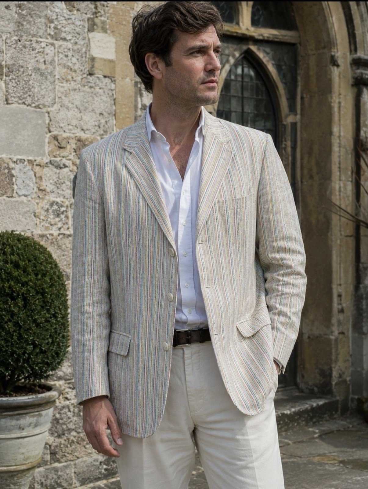 Vintage Haspel 100% Linen Sport Coat Blazer 44L Pastel Stripe Ivy Prep