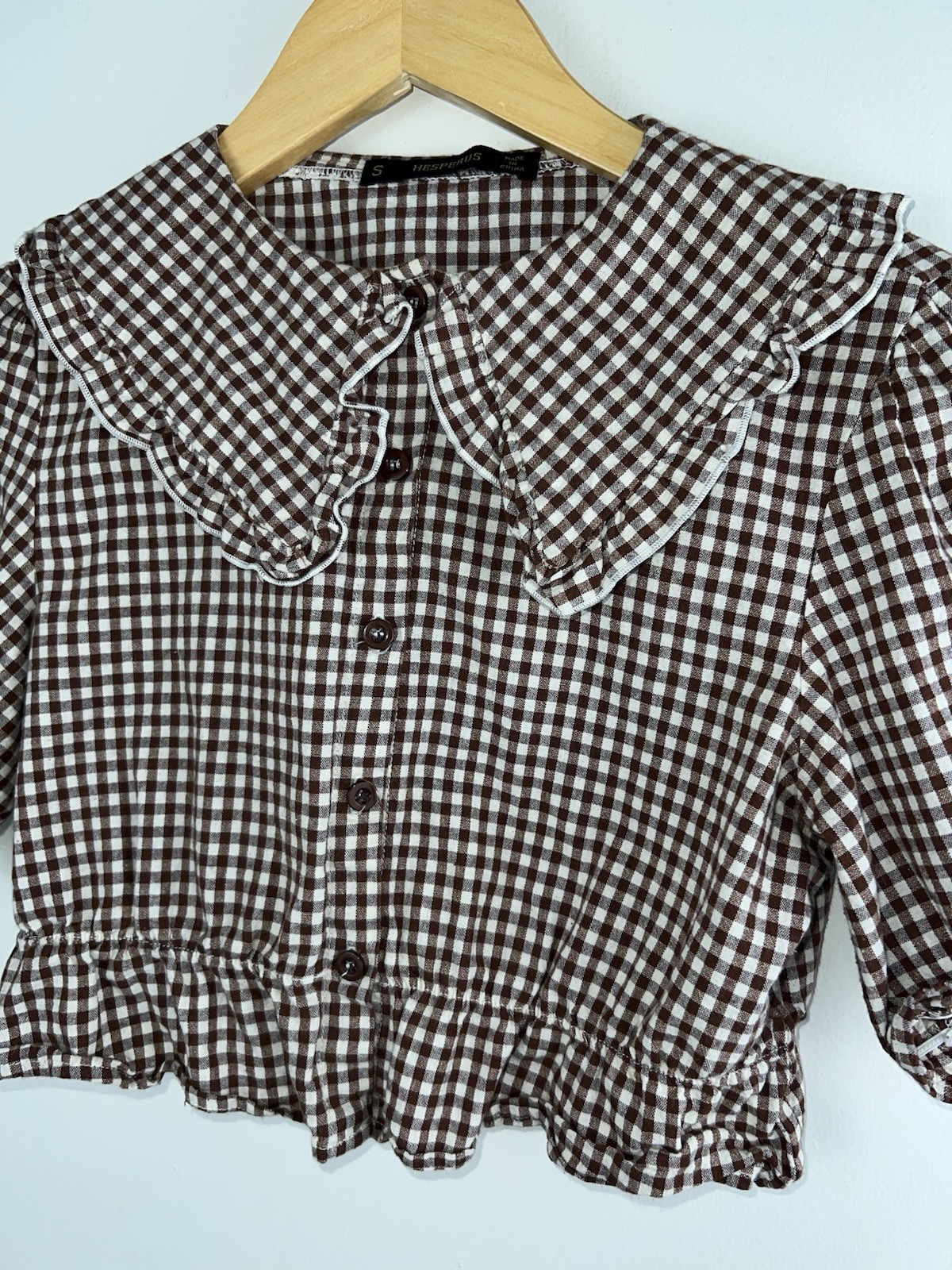 Hesperus Brown Gingham Peter Pan Collar Crop Blouse Ruffle Cotton Women’s S
