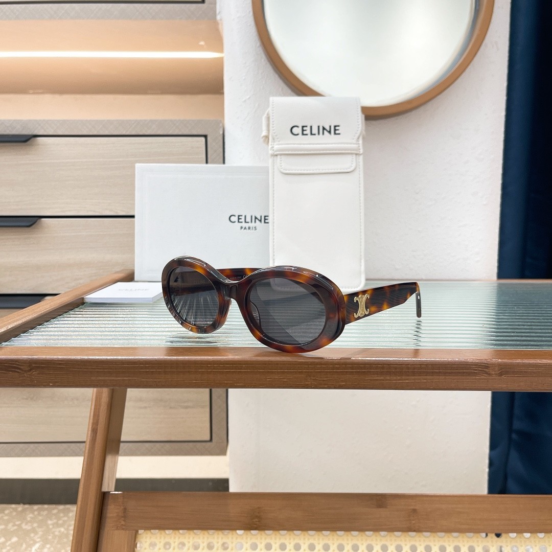 CELINE CL40194U Acetate Oval Sunglasses Havana Tortoise Gold Logo 52‑22‑145