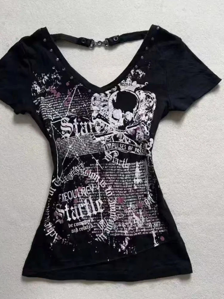 Y2K Grunge Emo Alt Punk Fitted Graphic Top 2000s Slim Fit Tee Womens Shirt S-XL