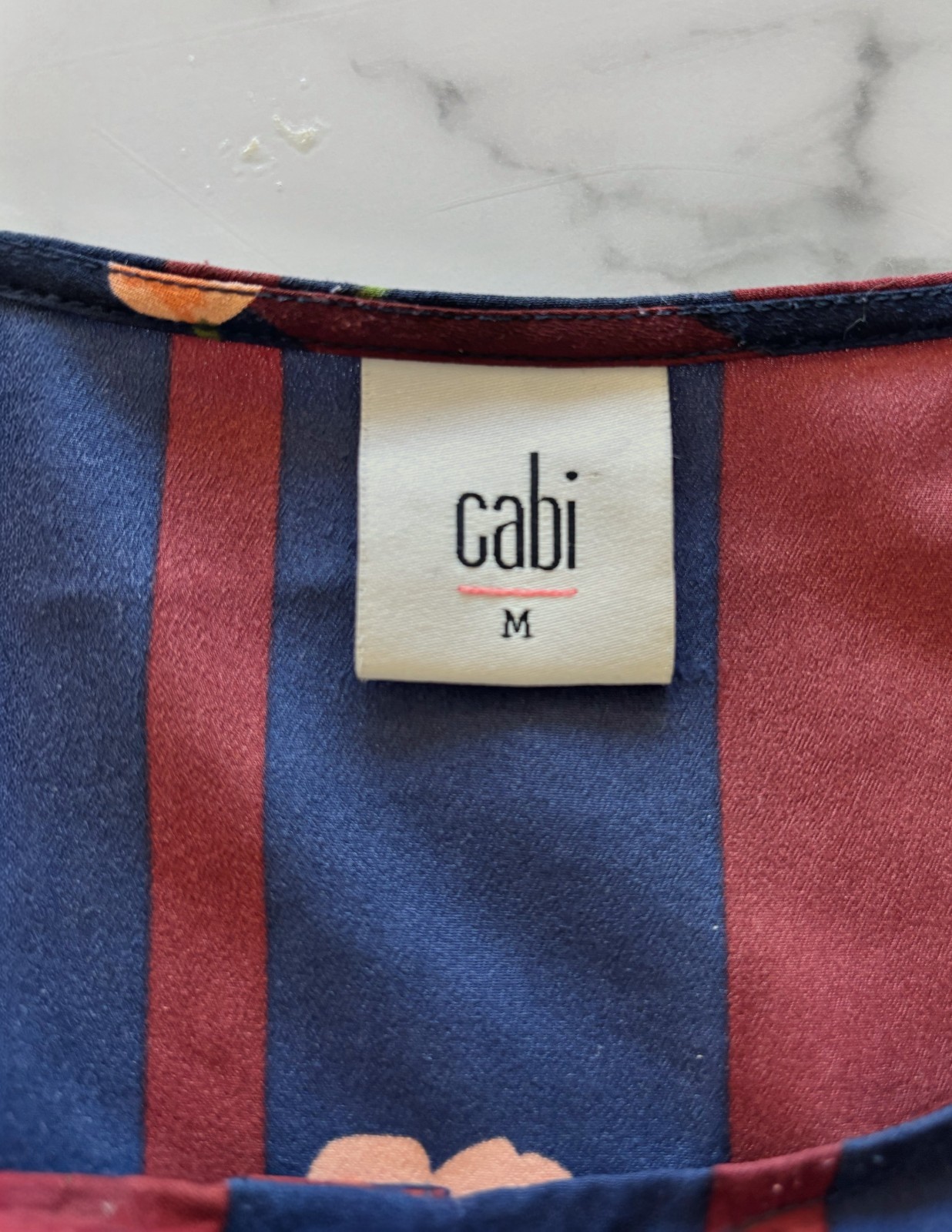 CAbi Navy Burgundy Stripe Floral Sleeveless Button Front Blouse Size M