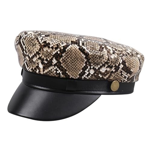 Women’s Newsboy Cap Leopard Print PU Leather Fashion Rivets Beret Cap Brown_a