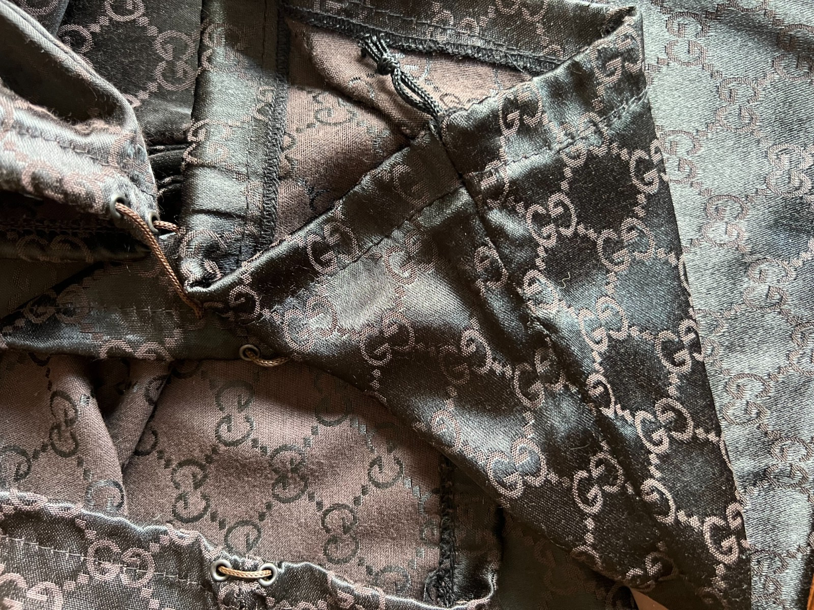 Auth GUCCI Drawstring Brown Satin MONOGRAM Purse Shoes Dust Bag 1pc only