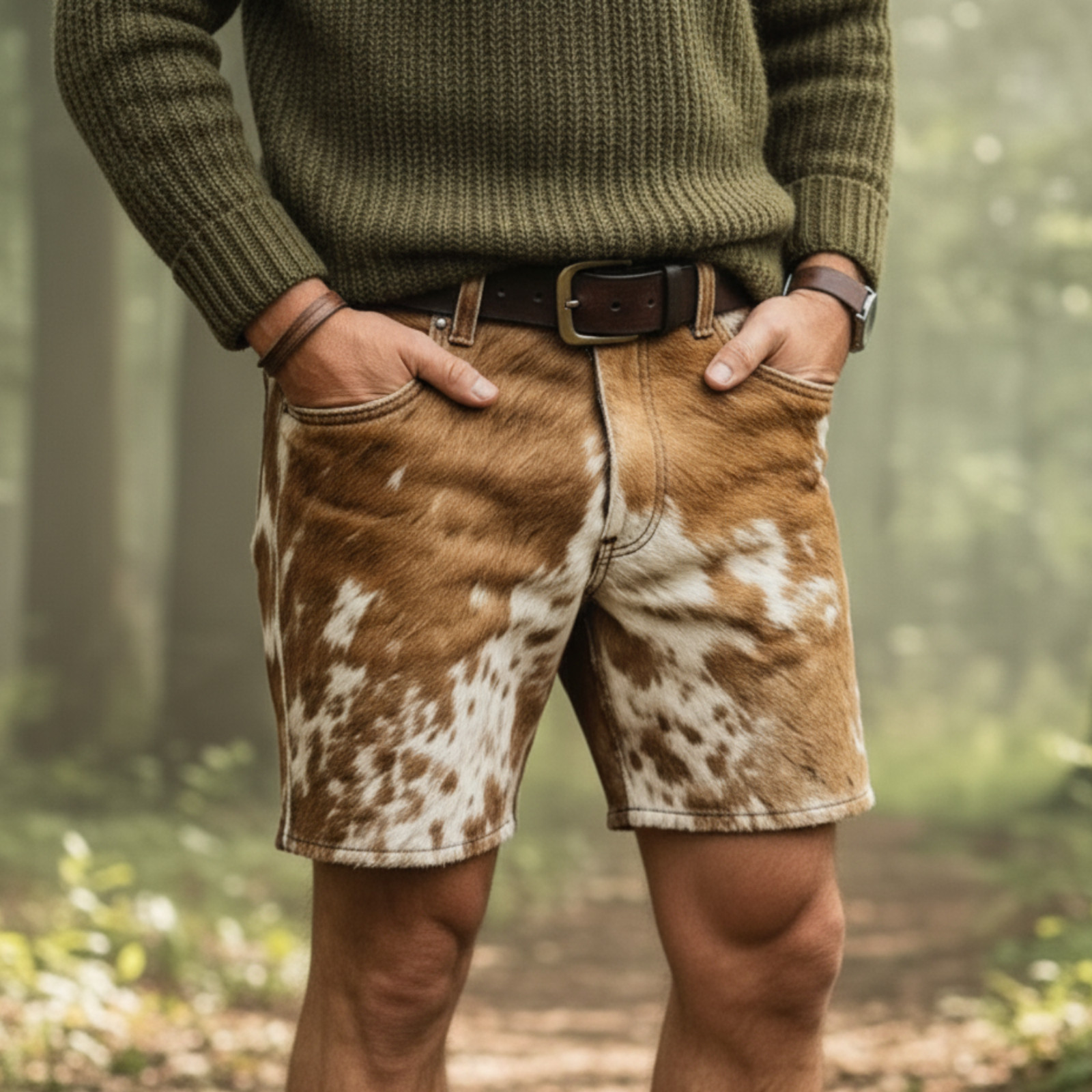 Men’s Brown White Genuine Cowhide Leather Shorts Hair On Hide Biker Shorts