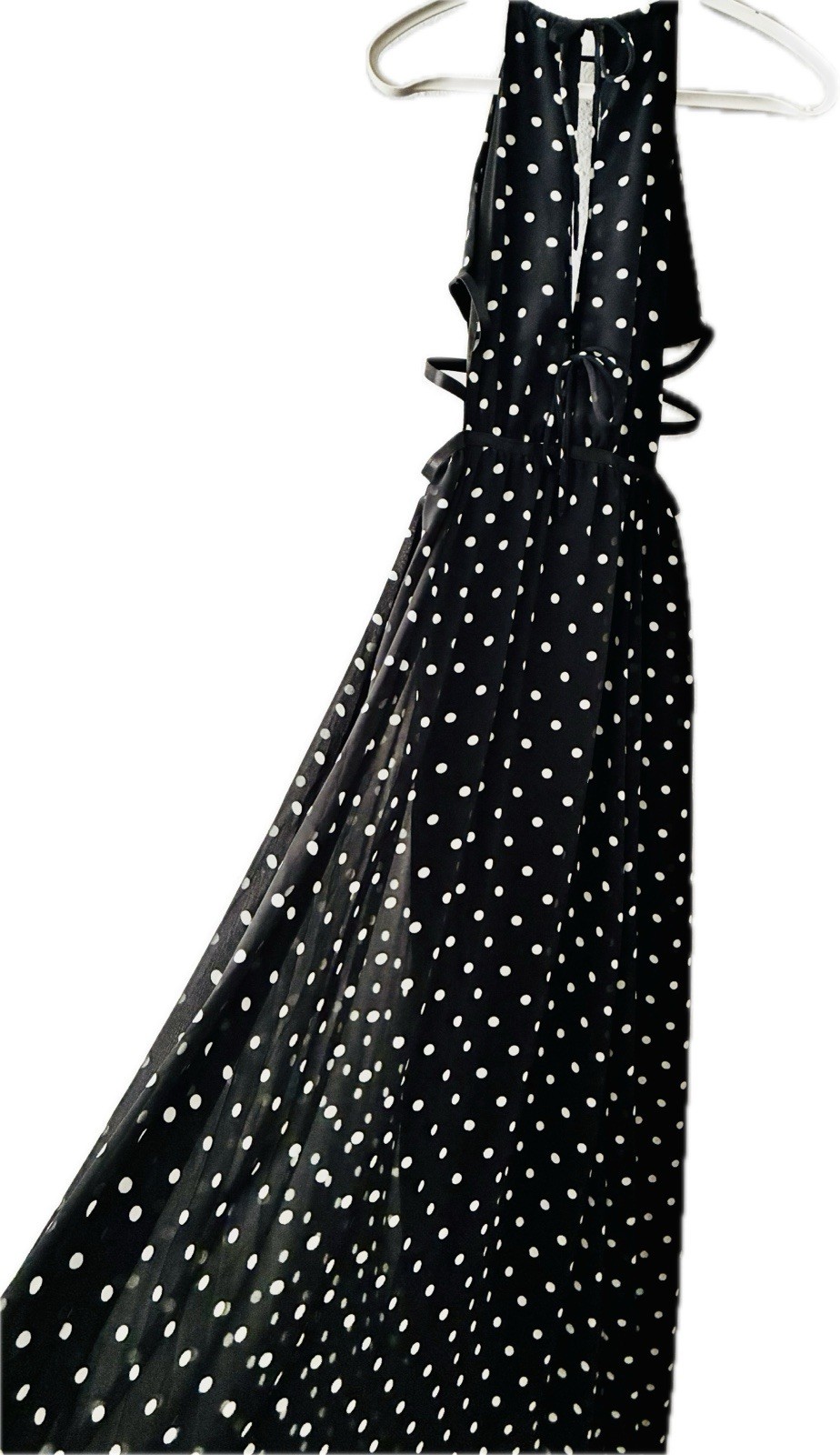 ASH NOVA Womens M Black/White Polka Dot Halter Maxi Chiffon Lined 3015D