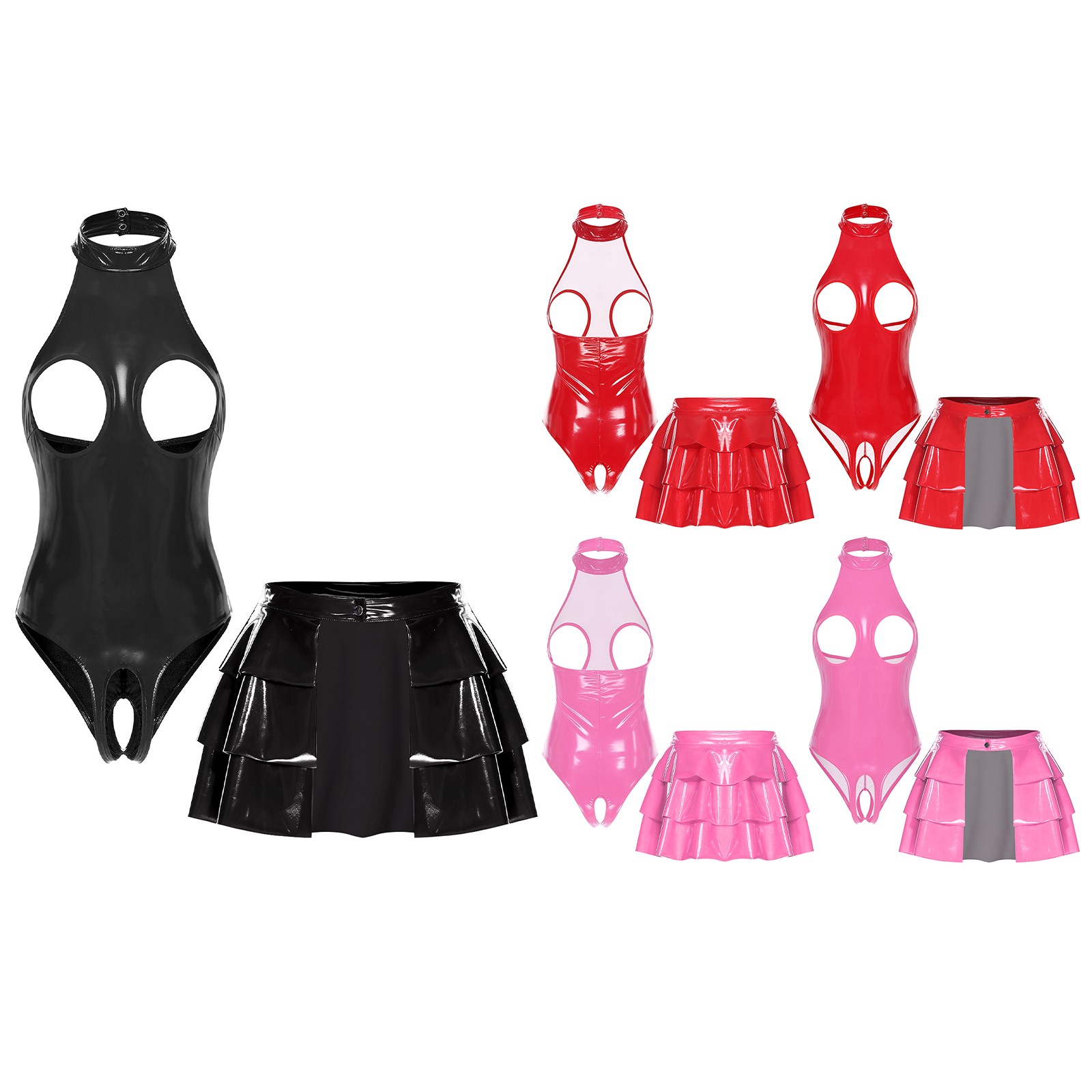 Women Pvc Leather Wet Looking Bare Exposed Breast Teddy Out A-line Flared Skirts