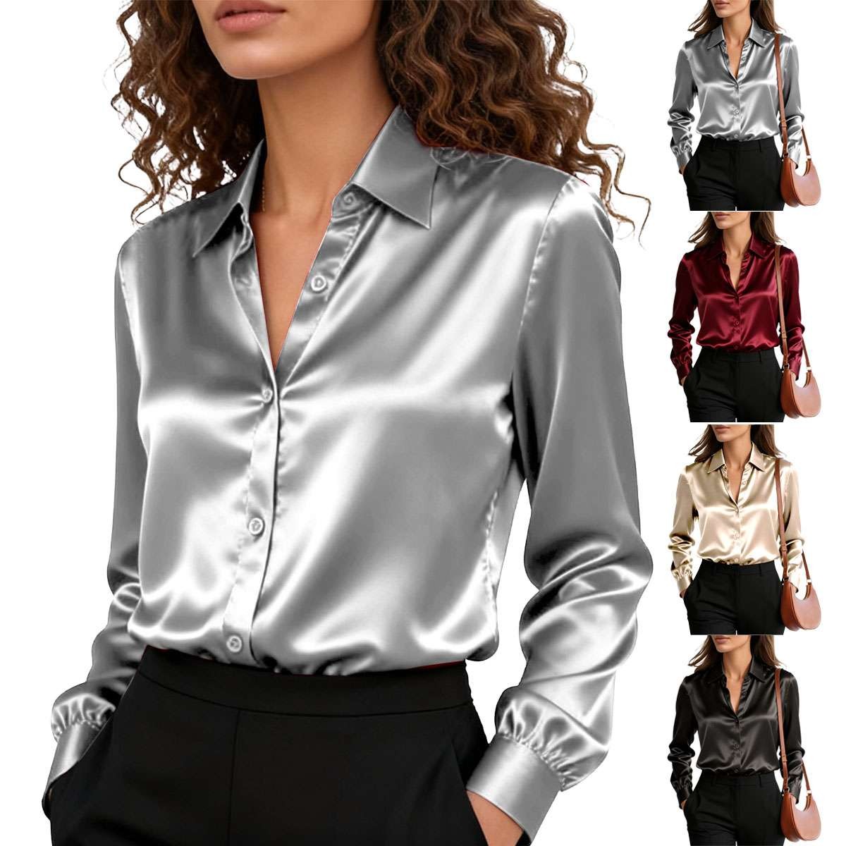 Elegant Women Satin Shirt Solid Color Long Sleeve Blouse Casual Button Down Tops