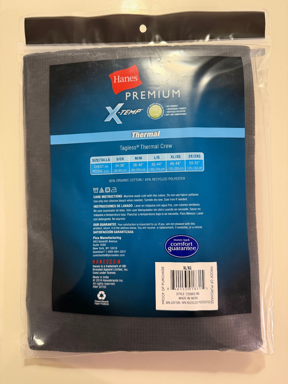 Hanes Men’s X-Temp Waffle Long Sleeve Crew Thermal Top – Black