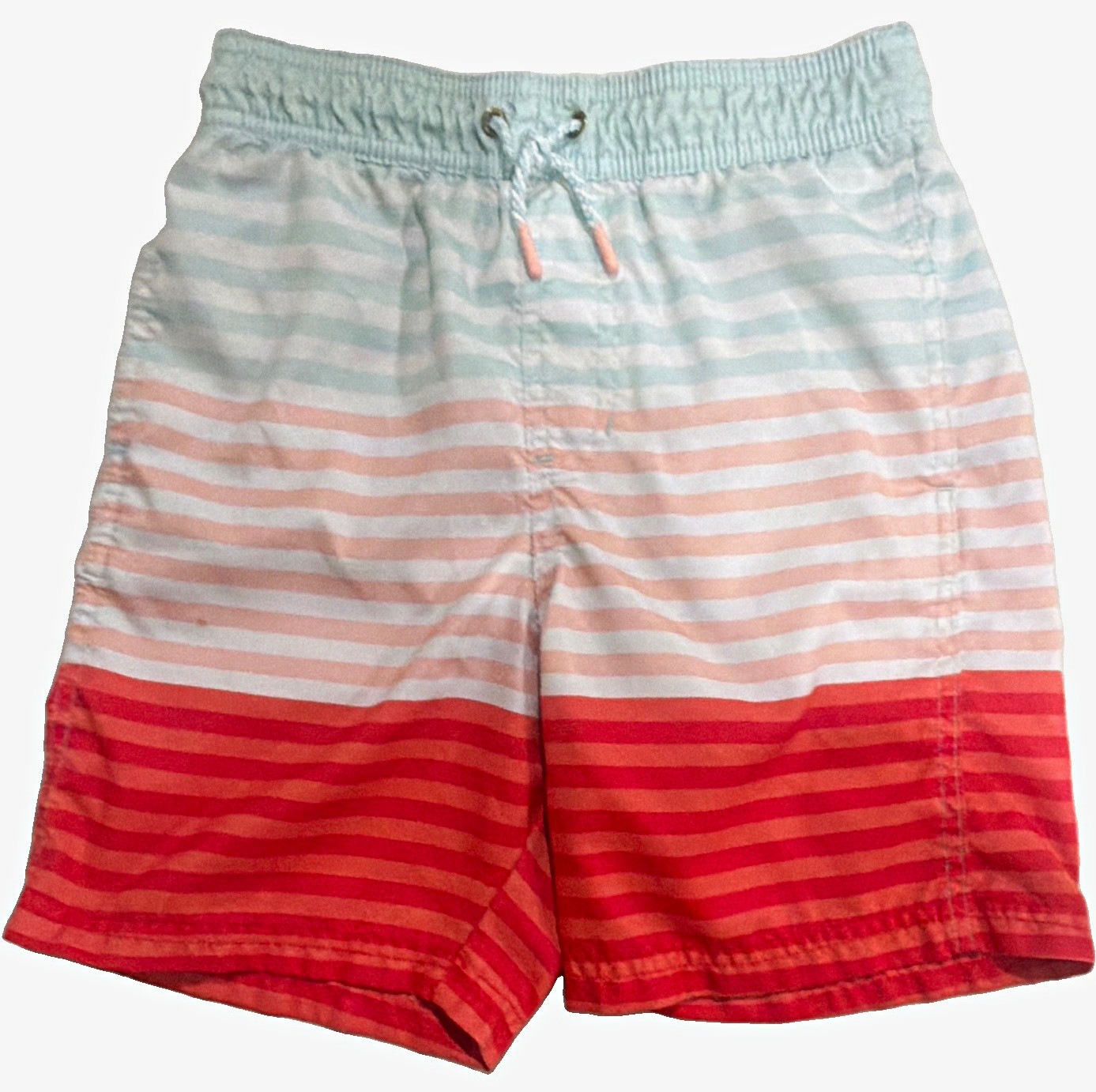 Cat & Jack Boys M (8/10) Striped Swim Shorts Light Blue/Pink/Red Drawstring. D19