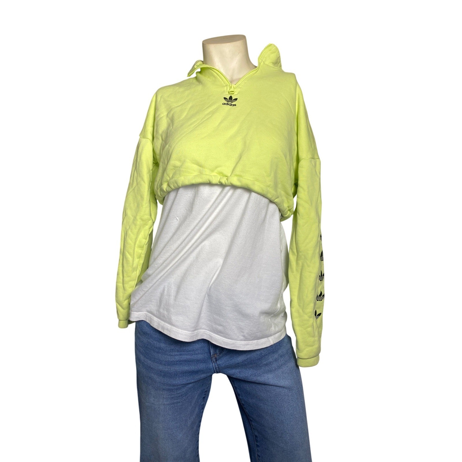 Adidas Originals Cropped Hoodie XS Neon Yellow Half Zip Trefoil Logo