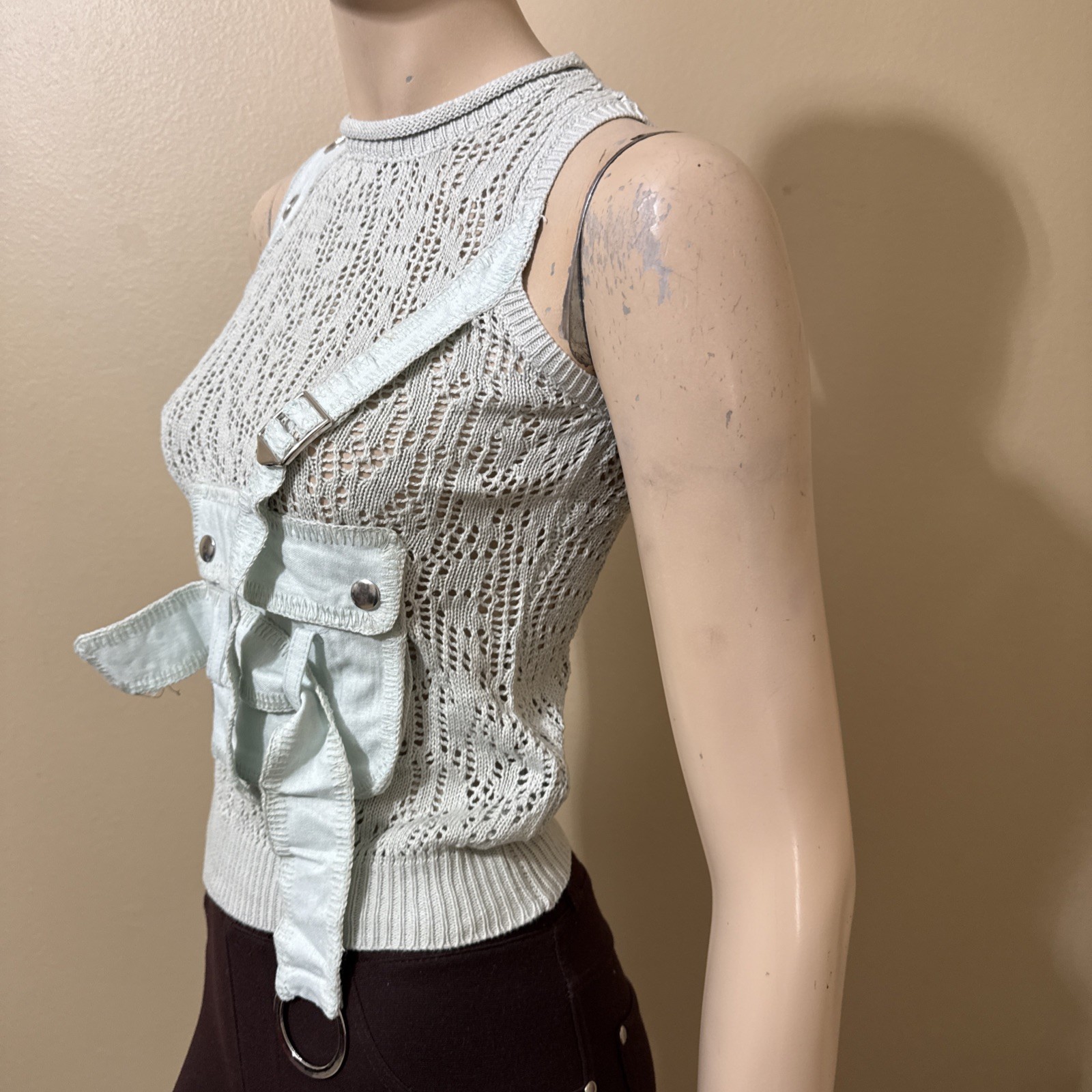 Women’s Light Blue Cotton Casual Stretch Buckle Knitted Pocket Size M/L Blouse