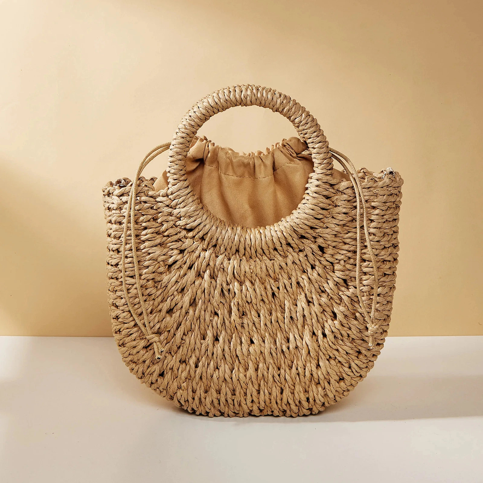 Handwoven Straw Rattan Half-Moon Beach Handbag Large Capacity Women Summer