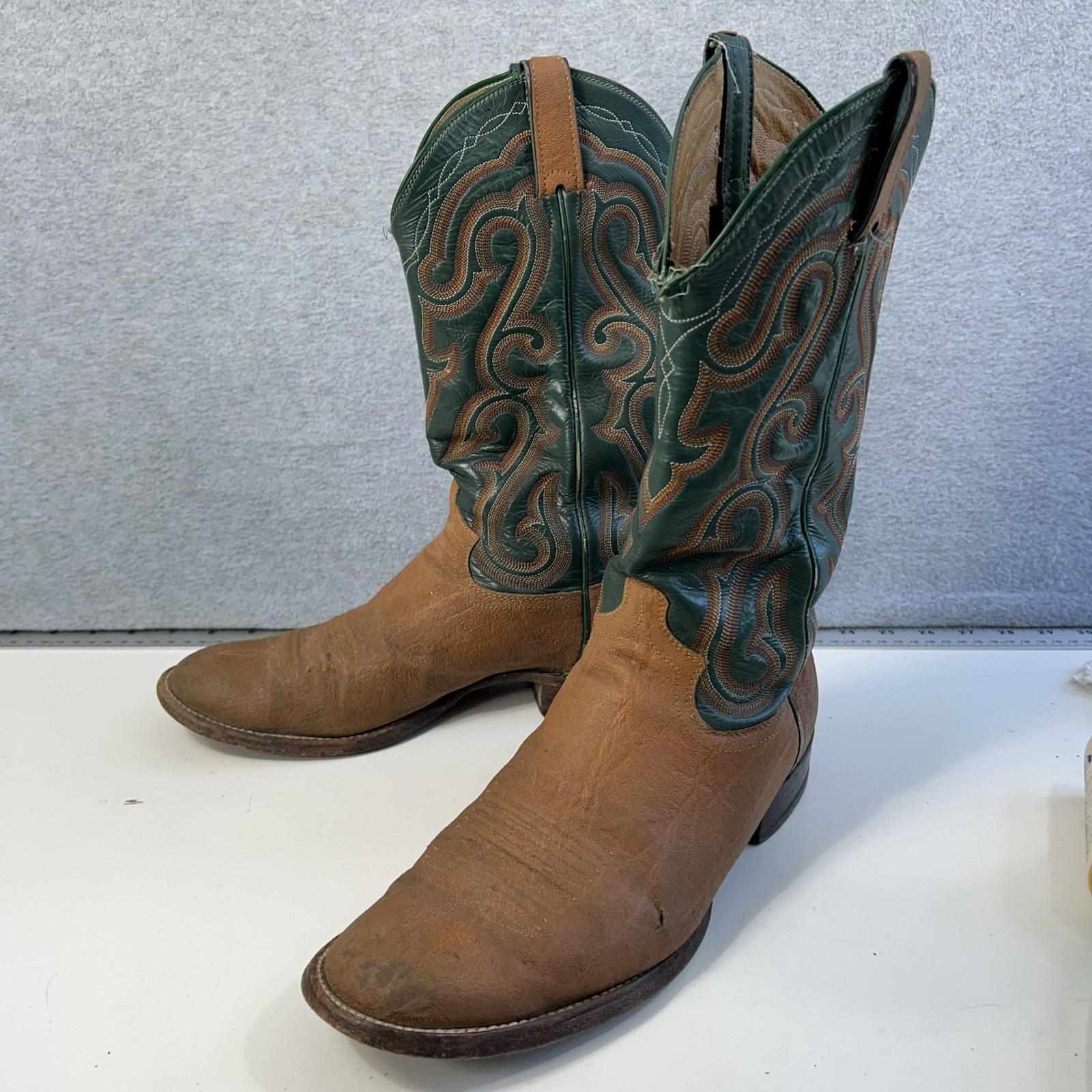 Vintage Panhandle Slim MENS Brown Green COWBOY BOOTS 10 D Bullhide Leather READ