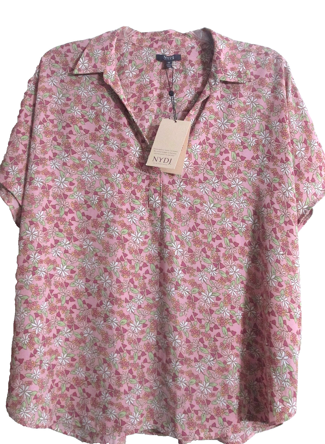 NYDJ Becky Split Neck Floral Georgette Blouse 1X Summer Rose Pink Dolman Sleeve