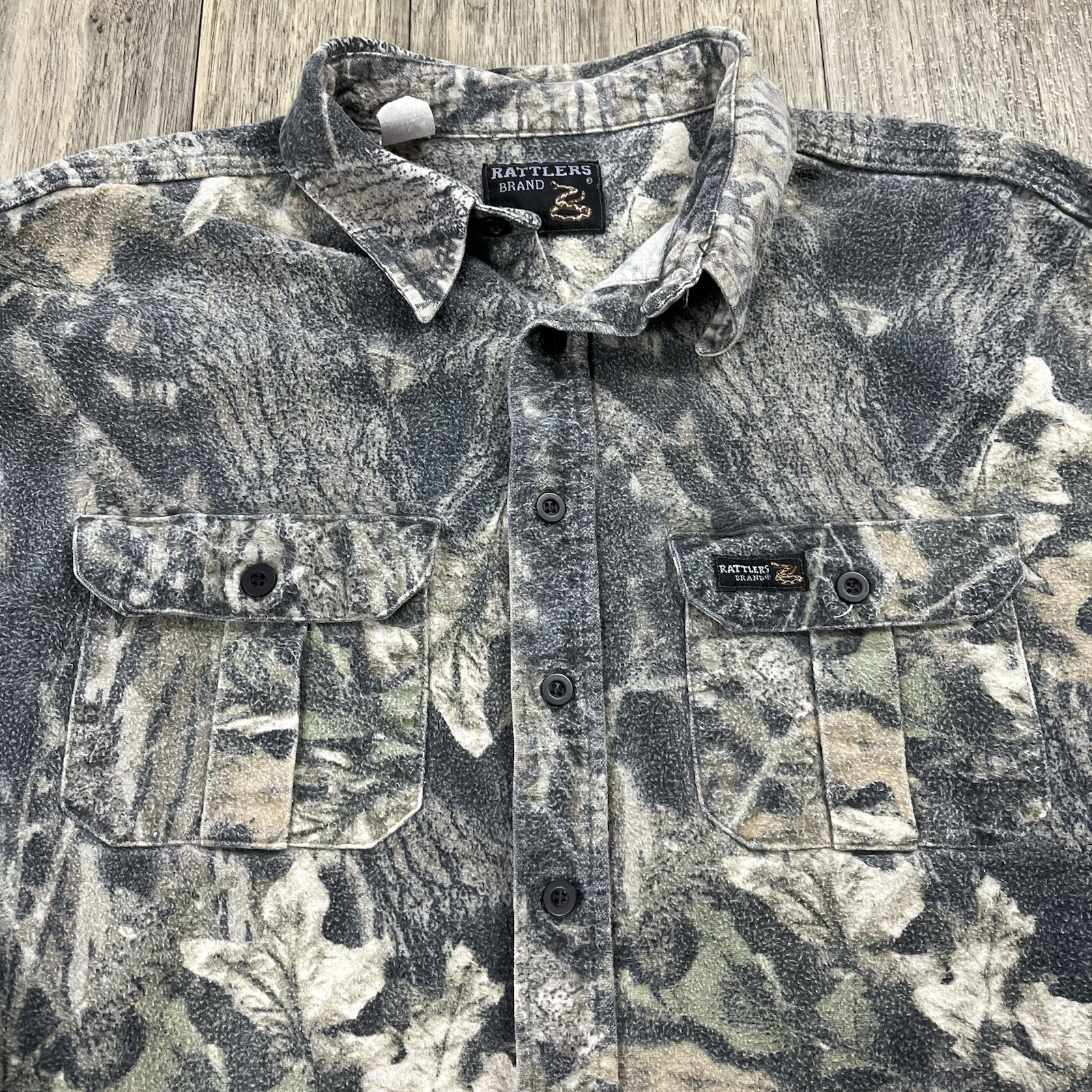 Vintage Rattlers Brand Camo Shirt Mens 2XL Button Up Chamois Cloth Mossy Oak