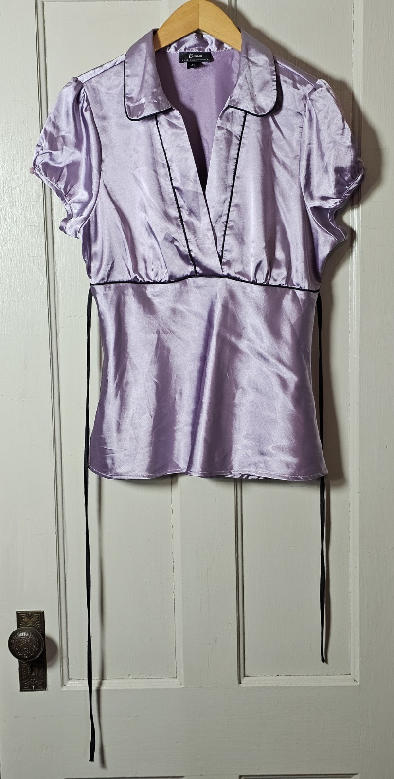 VTG 90s Y2K B-Wear Byer Blouse Size XL Purple Black Piping Tie Belt Office Siren