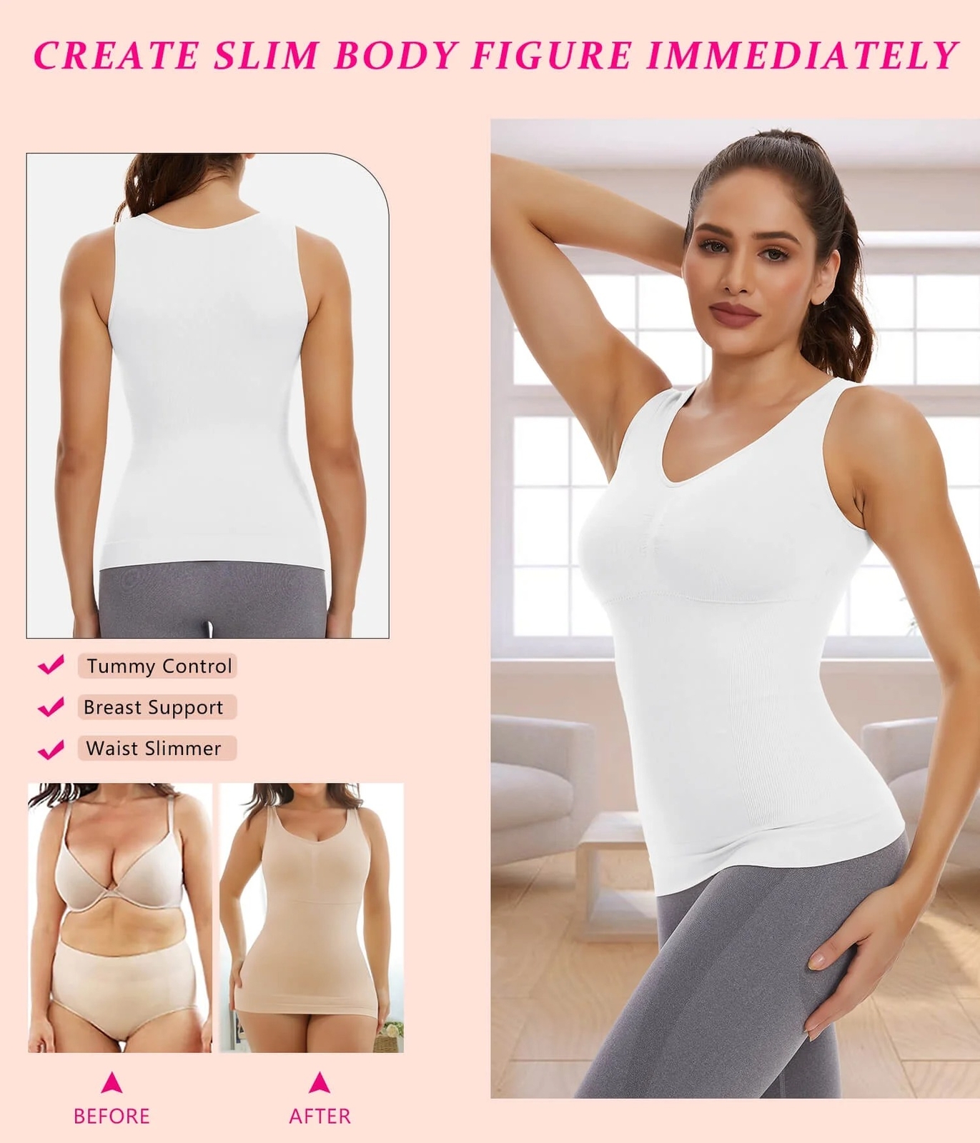 3 Pack Slimming Tank Tops with Built in Bra Women Cami Compression Body Shaper