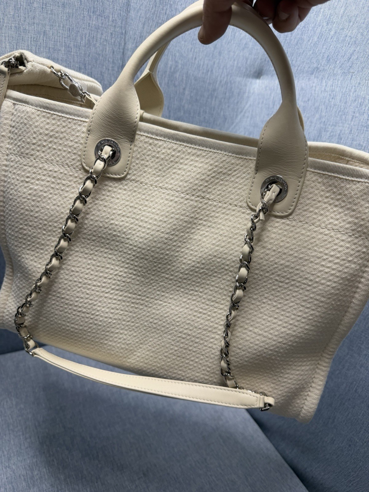 Chanel Deauville MM Tote Bag With Pouch Chain Tweed Material White