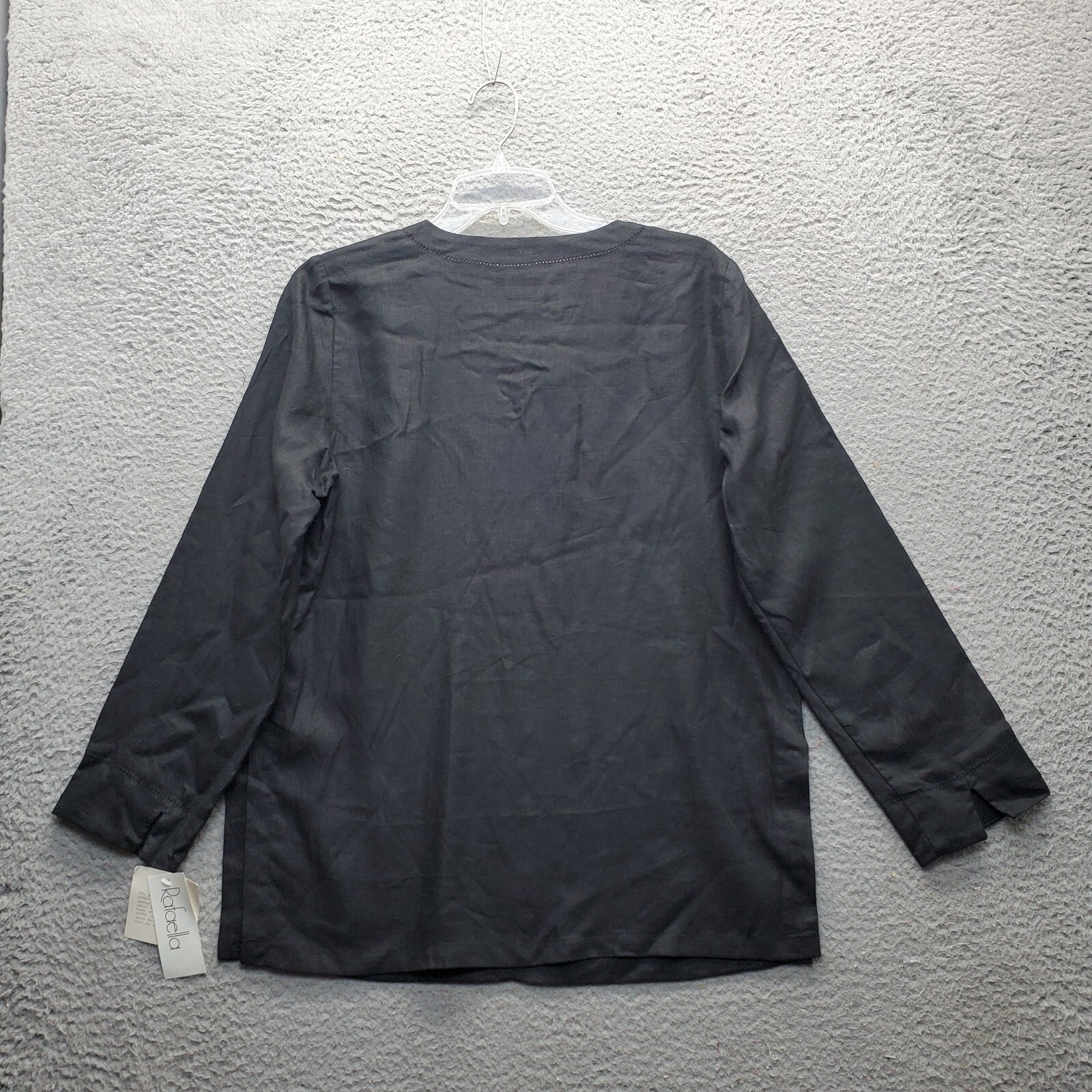 Rafaella Blouse Top Women Small Black 100% Linen Long Sleeve Cut V-Neck Pullover