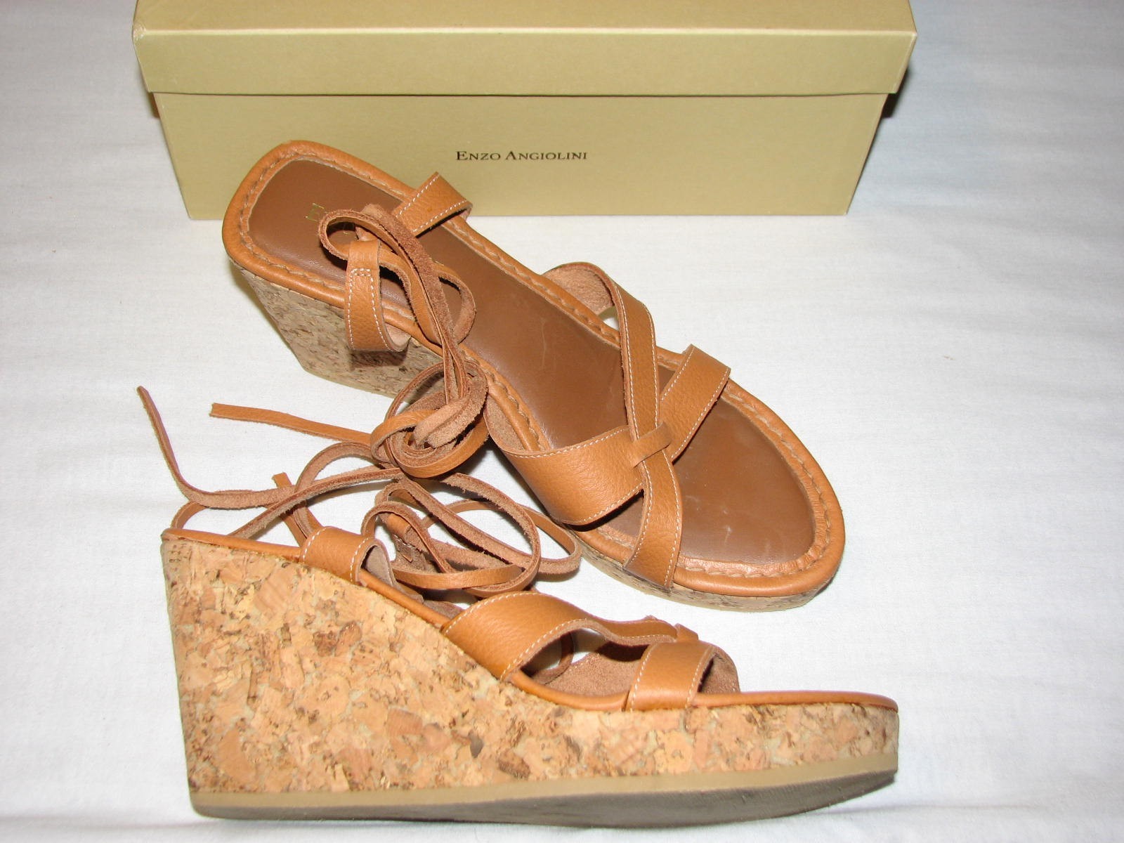 8.5 M Enzo Angiolini Brown Leather Natural Tan Wedge Platform Heels Gladiator B