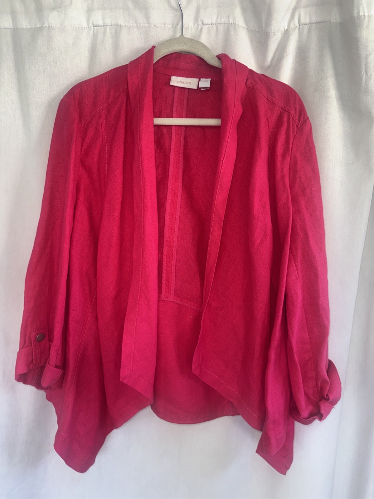 Chicos Pretty In Pink 100% Linen Jacket 2 M L Open No Closure