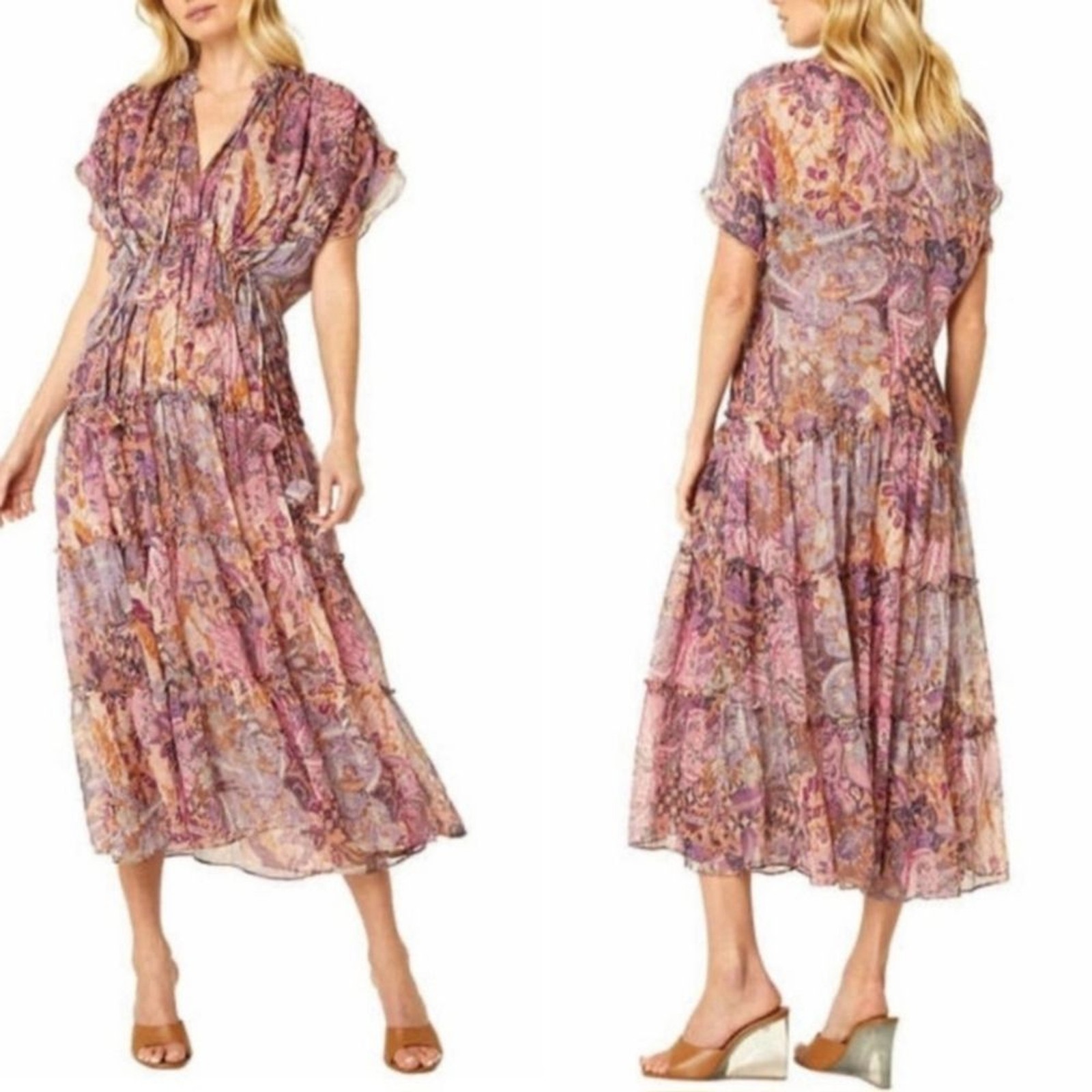 MISA Los Angeles Size Large Ilya Boho Pink Batik Sheer Short Sleeve Midi Dress