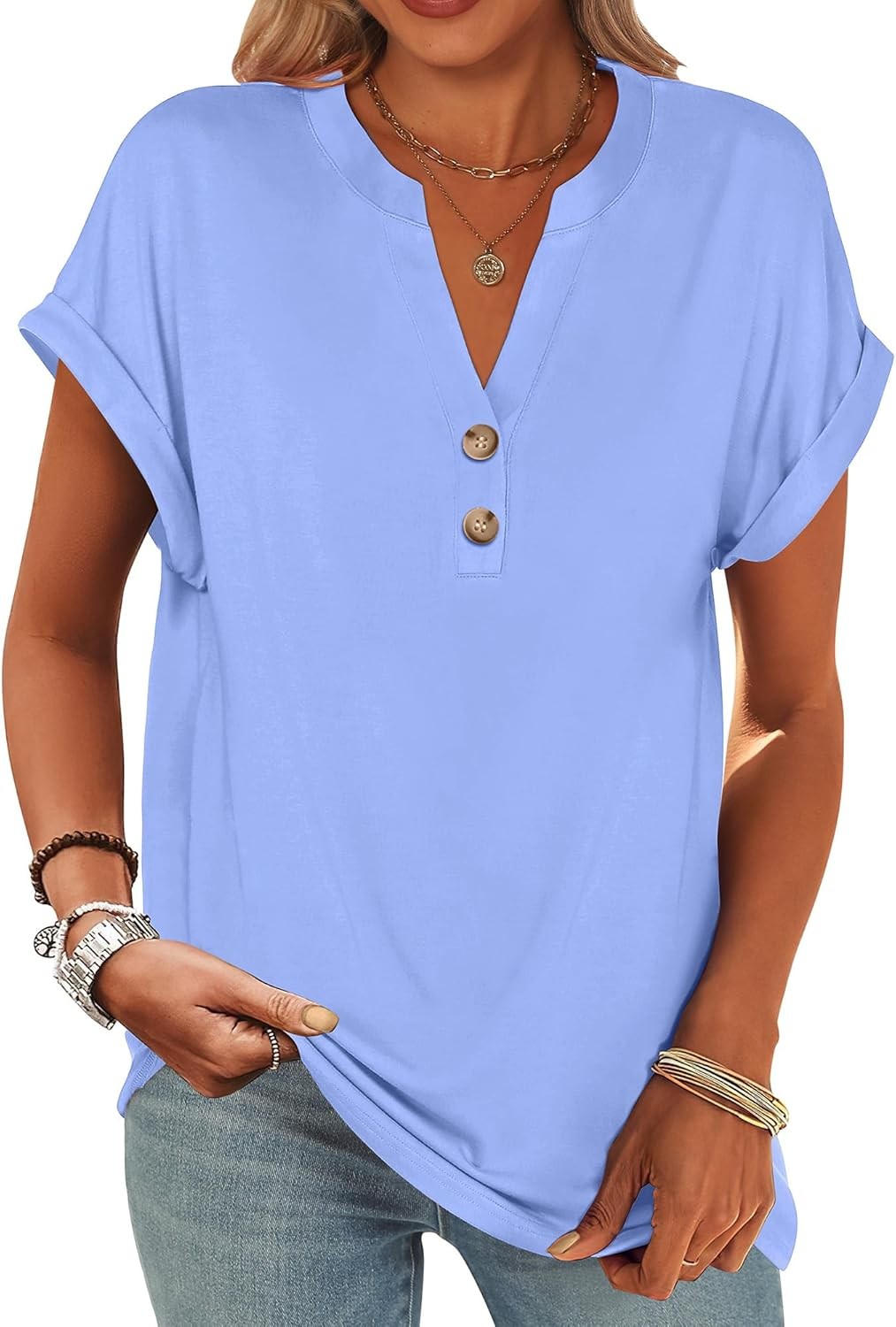 Womens Henley V Neck Short Sleeve Loose Fit Casual Summer Tunic Blouse Top