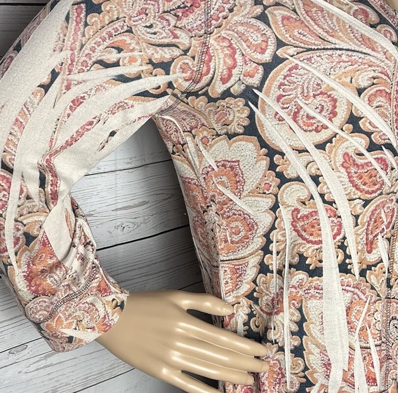 Vintage 90s One World Tunic Large Pink Tan Black Orange Paisley Rhinestone Shirt