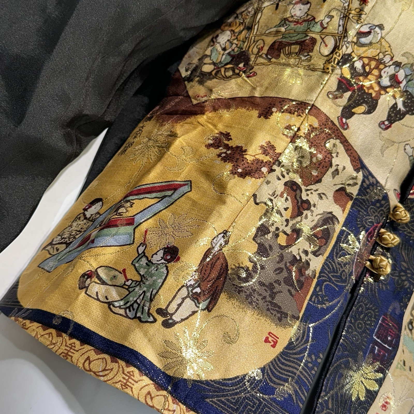 Vintage Chinese Mandarin Collar Oriental Jacket Top Gold Black Calligraphy M
