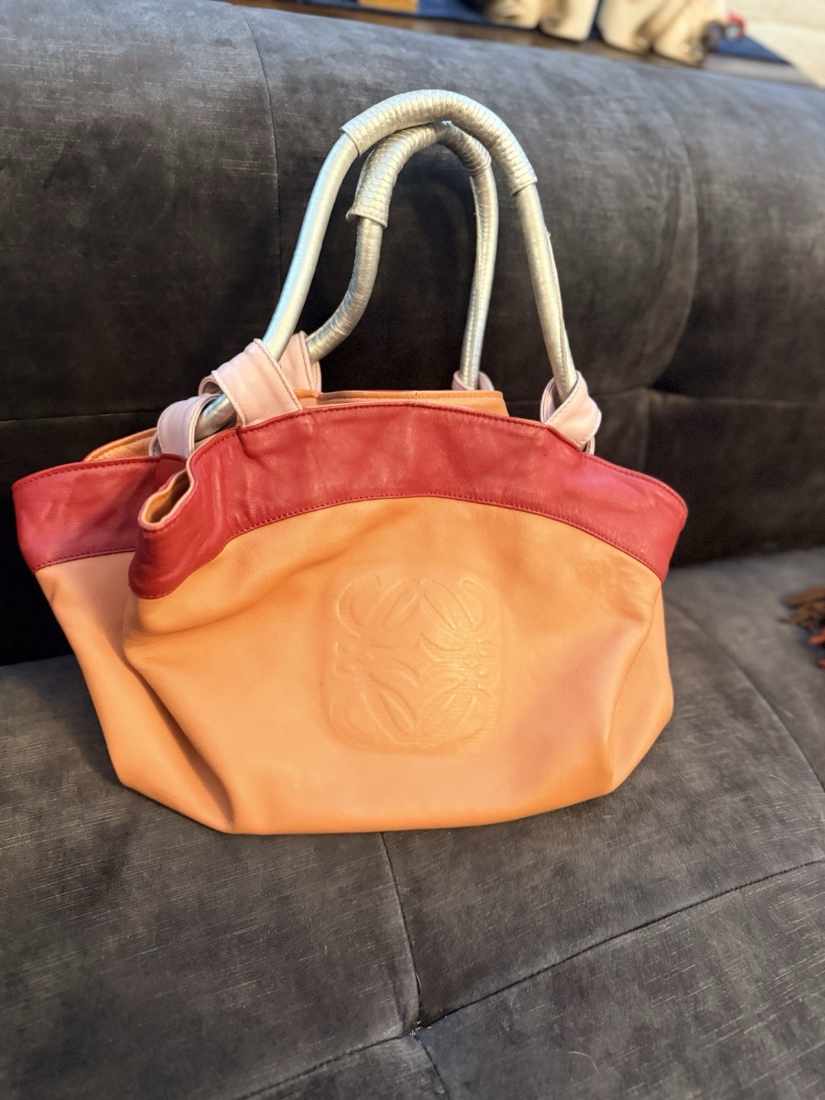 LOEWE ORANGE RED PINK SILVER LAMBSKIN NAPPA AIRE TOTE HANDBAG – Rare.